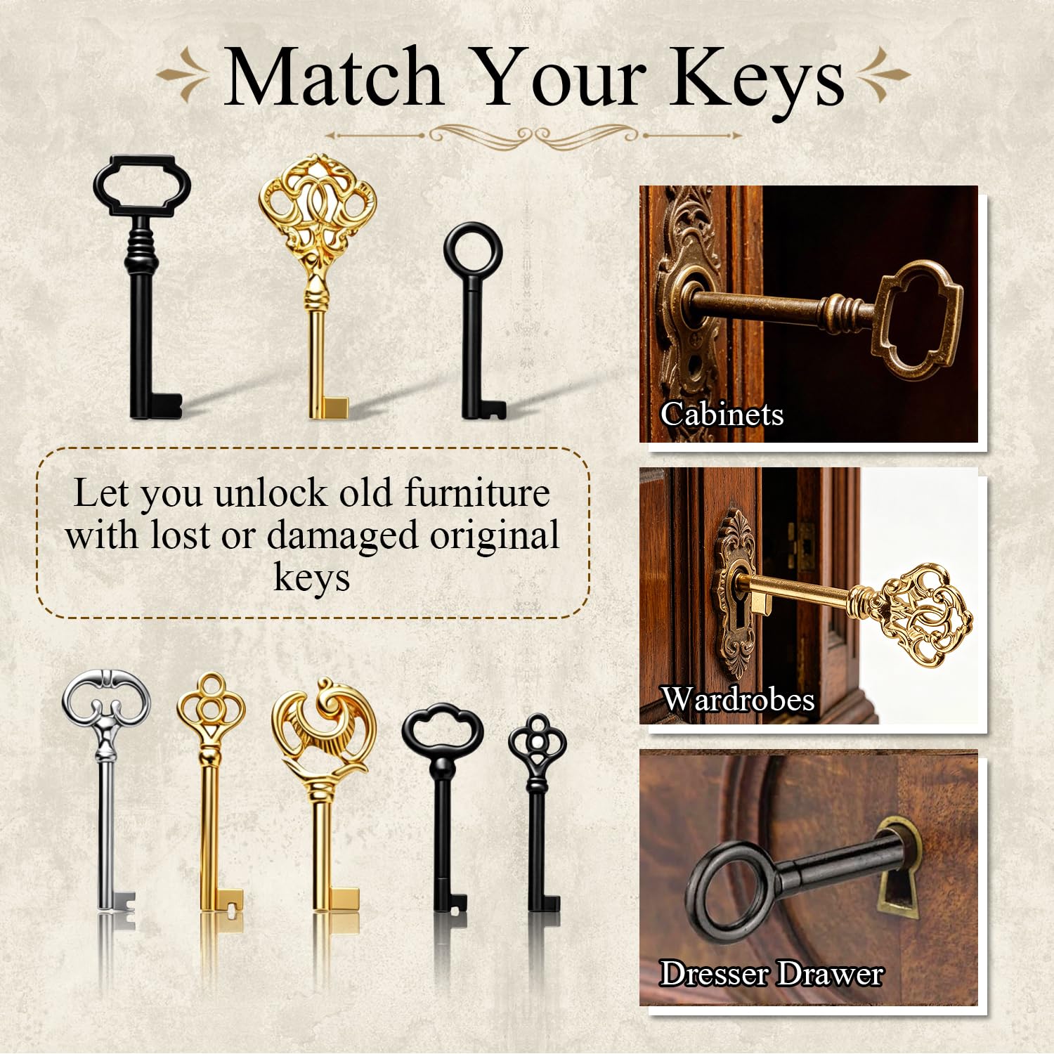 19 Stück Vintage Universal Schrankschlüssel Set Multi-Stil Antike Schlüssel für Alte Möbelschlüssel Ersatz Schränke Uhren Schubladen Schränke DIY Deko und Sammeln