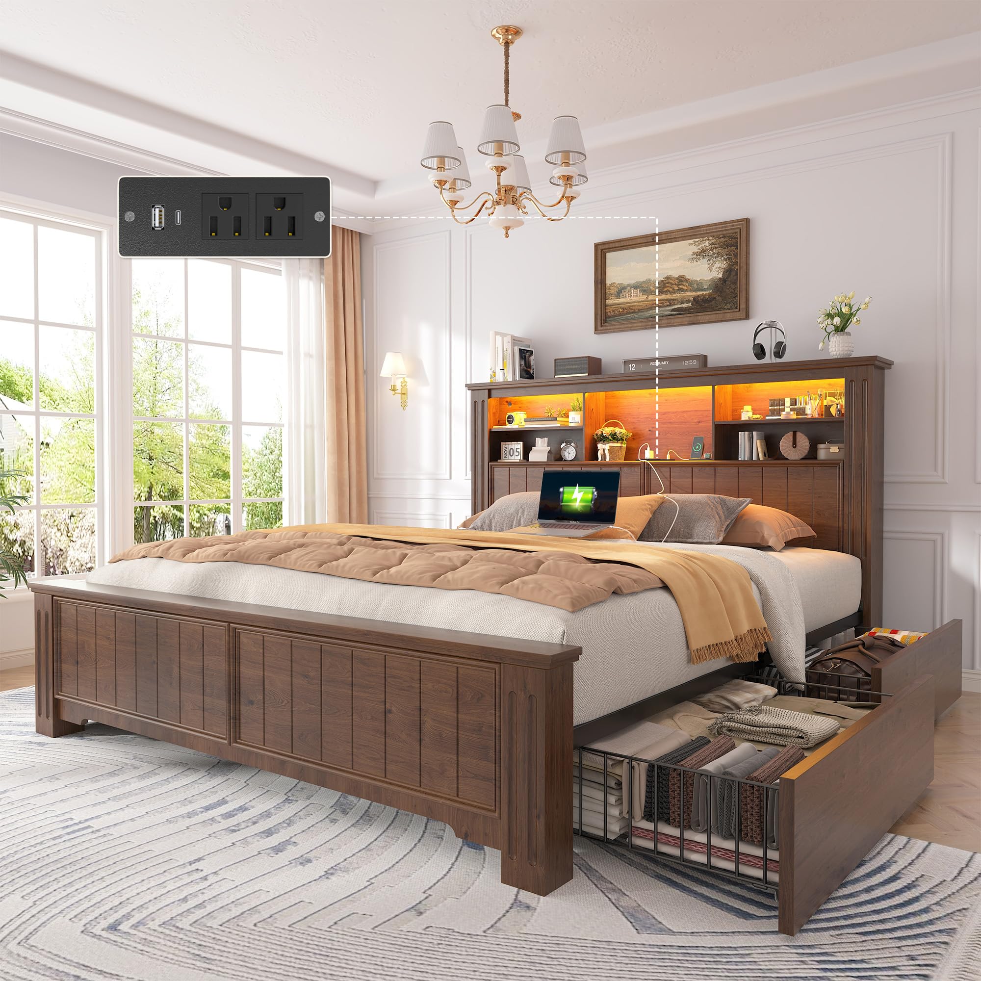 EnHomee Full Size Bed Frame with Storage, Full Bed Frame with 4 Drawers Charging Port & LED, Full Size Bed Frame with Headboard Built in Charging