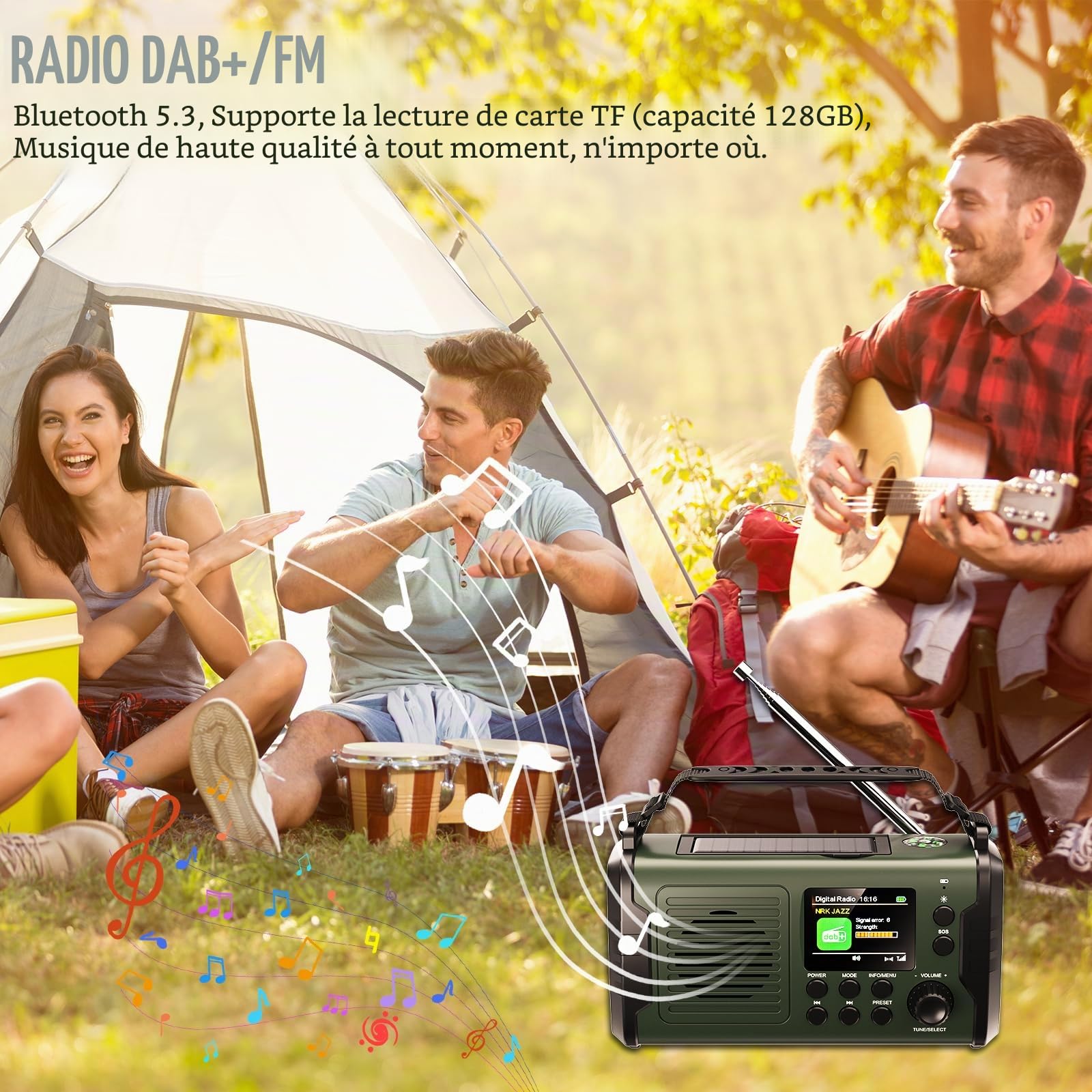 20000mAh Radio Solaire, Dab/Dab+/FM Radio à Manivelle, 3 Méthodes de Recharge, 11 en 1 avec Bluetooth 5.3, Batterie Externe, SOS, Lampe Torche, Boussole,Carte TF et Lampe de Lecture