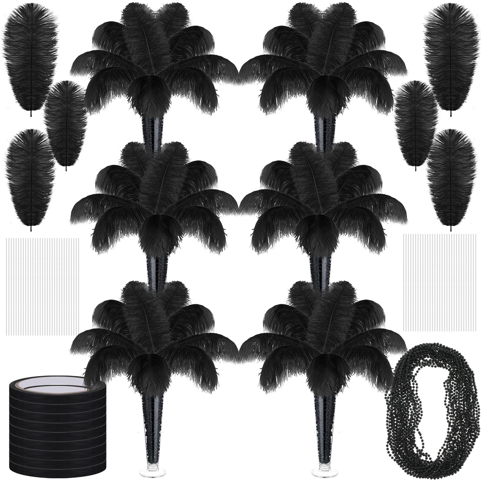 6 Sets Wedding Table Centerpiece Accessories Including 159 Pieces Natural Black Ostrich Feather Bulk Plastic Vases and Beads Necklaces for Wedding Home Party Centerpiece Supplies