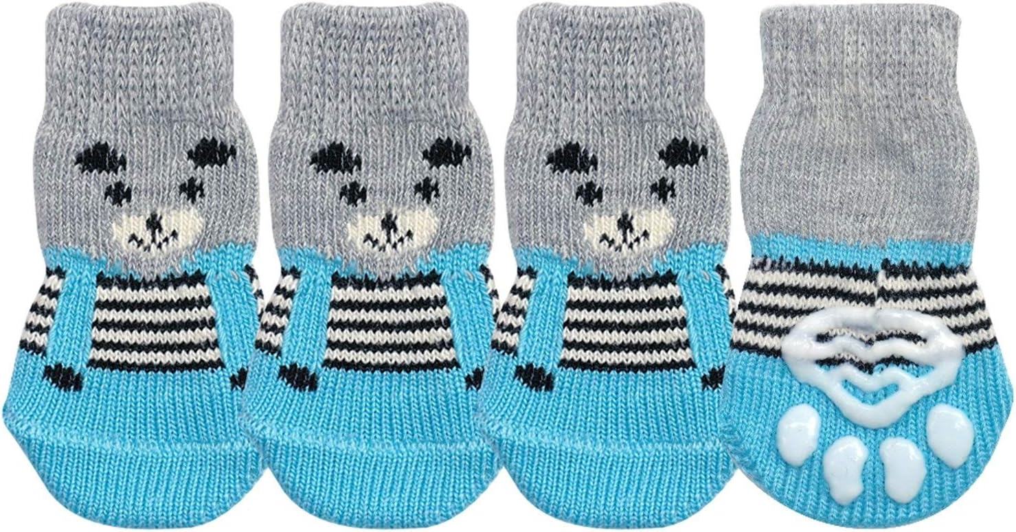 MOLUOPet shoes 4pcs/lot Dog Shoes Lovely Warm Dog Socks Anti-slip Puppy Cat Knit Socks Cute Cartoon Print Cats Dogs Boots Winter Wear (Color : Gray, Size : Small)