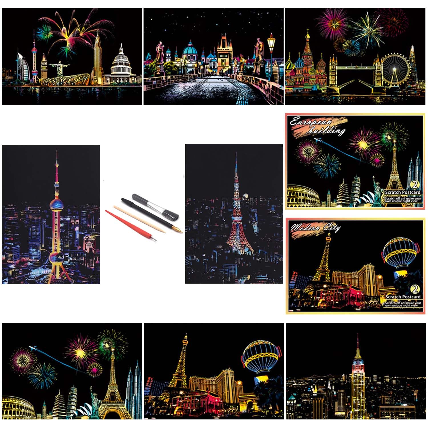 DESINIK Scratch Painting Art for Adults -Scratch Painting Foil Art for Adults, Scratchboard Set(A5) with 4 Tools & 8 Sheets,City Series Creative Set(