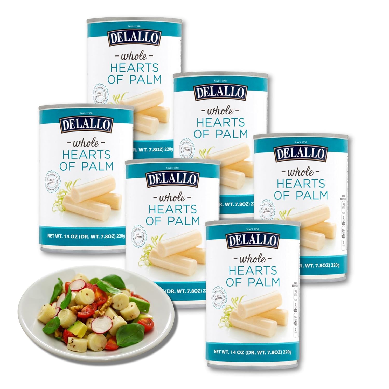 DeLallo Whole Hearts of Palm, All Natural, Harvested in South America, Low Fat and Low Calorie, Unique Canned Vegetable for Topping Salads and Snacking, Non-GMO, Kosher, Gluten-Free, 14.1 oz Can, (6 Pack)