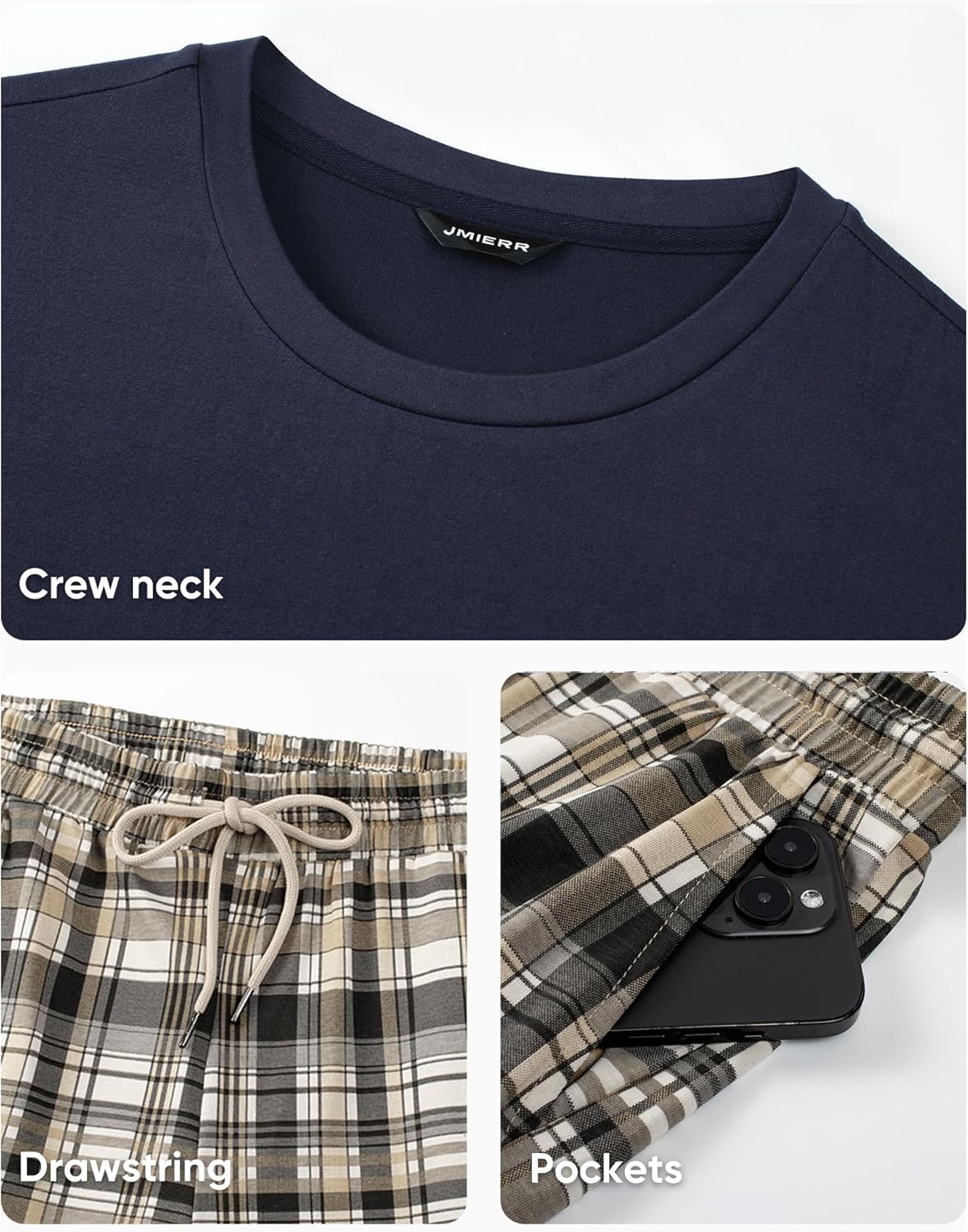 JMIERR Men's Pajamas Set 2 Piece Long Sleeve T-Shirt Loungewear Long Plaid Pants with Pocket - Image 7