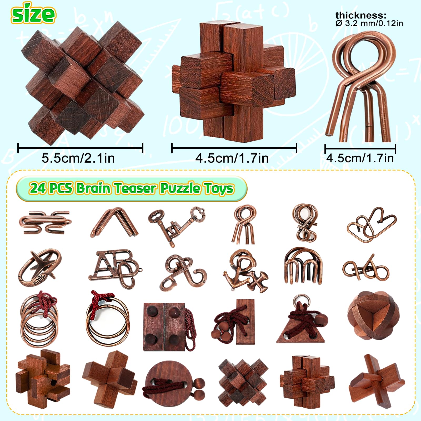 24 Stück 3D Puzzle Set aus Holz & Metall – Geduldspiele & Logikrätsel für Kinder, Jugendliche & Erwachsene – Intelligente IQ Spiele als Geburtstagsgeschenk, Mitgebsel & Gastgeschenk