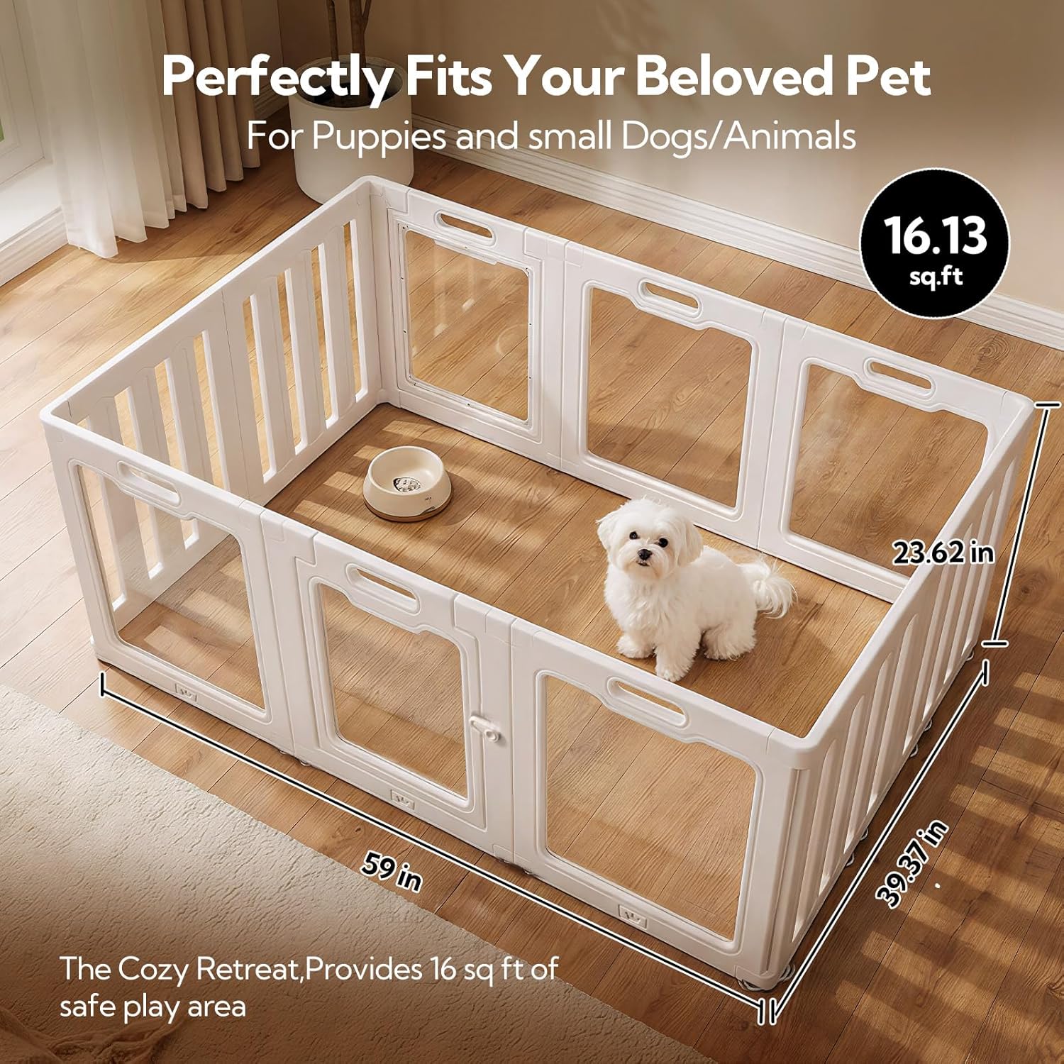 Soulbond Clear Acrylic Dog Playpen Indoor, Non-Slip,Tool-Free Assembly, External Door Lock Play Pen for Puppies and Small Dogs (24 Inch, White, 10 Panel)