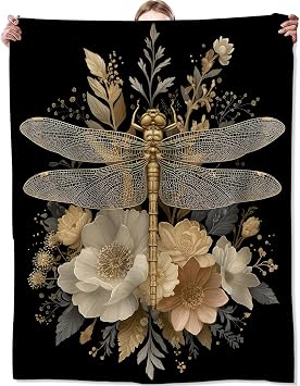 Elegant Dragonfly Blanket, Gifts for Flower and Nature Lovers, Lightweight Flannel Throw Blankets, Golden Insect with Vintage Floral Throws Home Decor, for Couch Living Room Office, 60x50inch