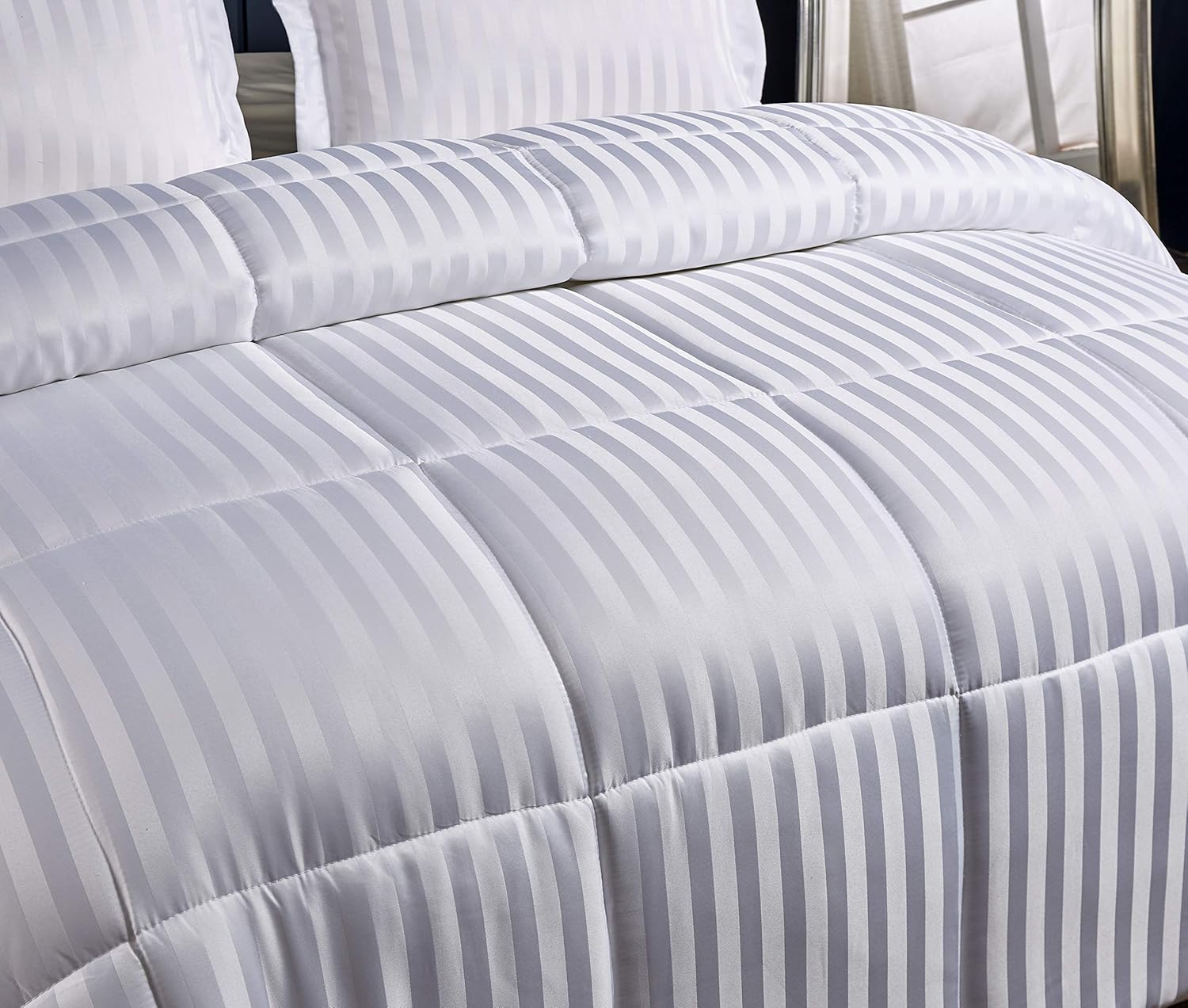 Blue Ridge Home Fashions Microfiber Damask Stripe/Solid 3-PC Reversible Down Alternative Comforter Set - All Season Warmth, Twin, White