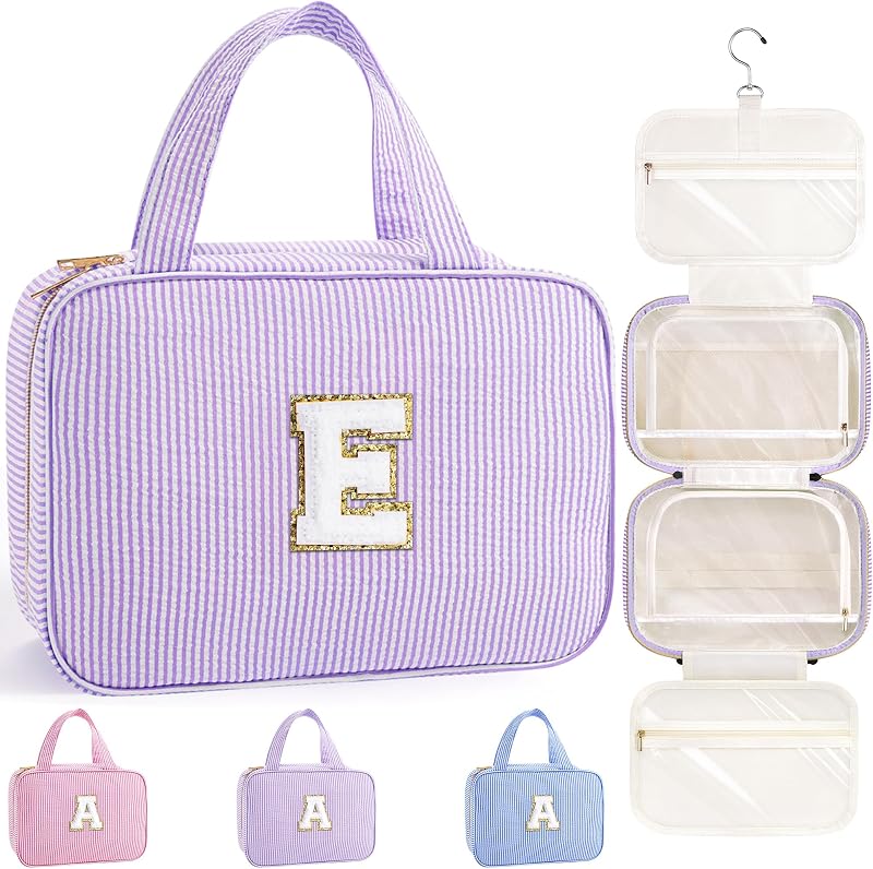 Necessaire suspensa de viagem TOPEAST com gancho giratório, compartimentos e patch inicial E, roxa
