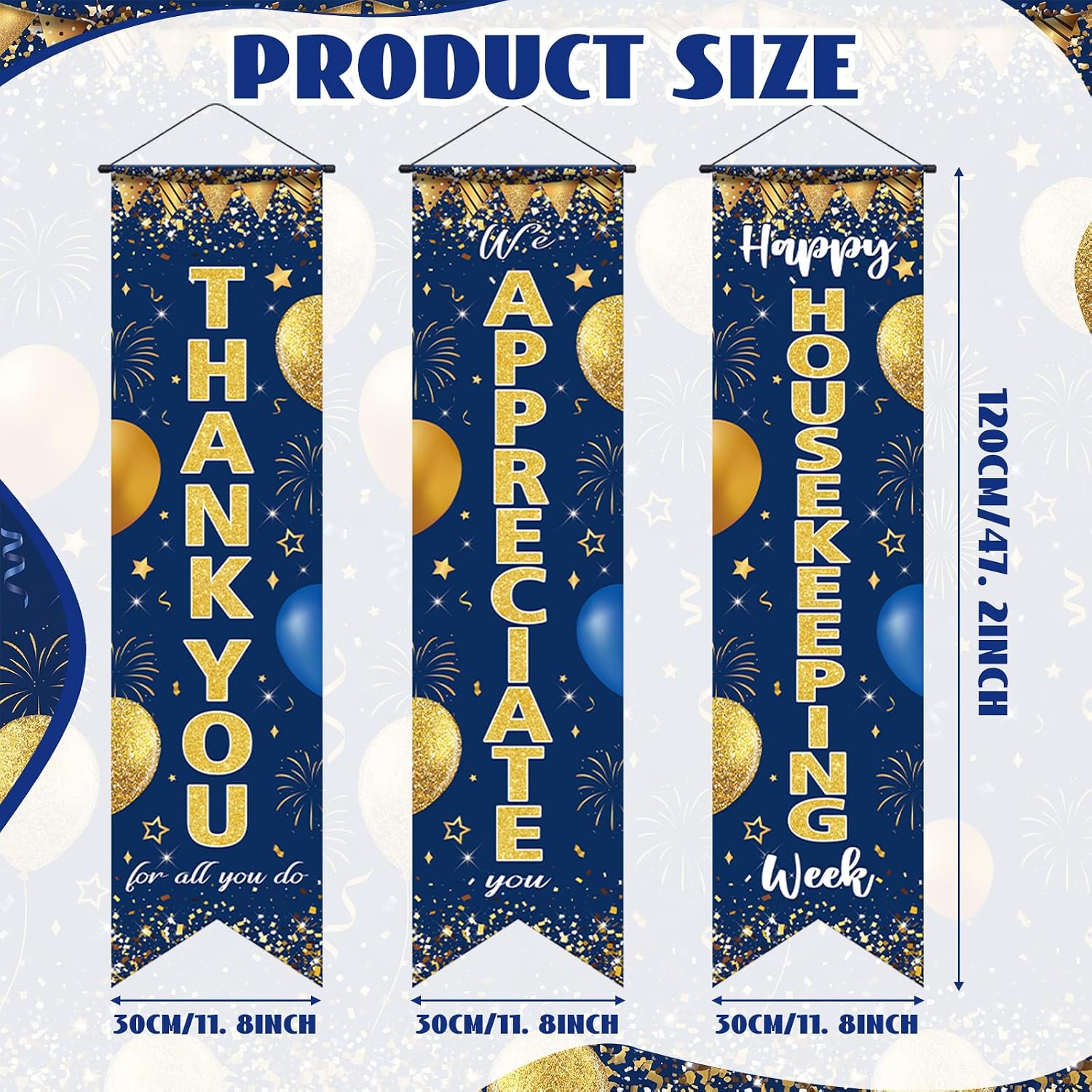 Irenare 3 Pcs Blue Gold Happy Housekeeping Week Decoration Banner Thank You for All You Do Banner We Appreciate Backdrop for Housekeeper Employee Staff Appreciation Party Supplies