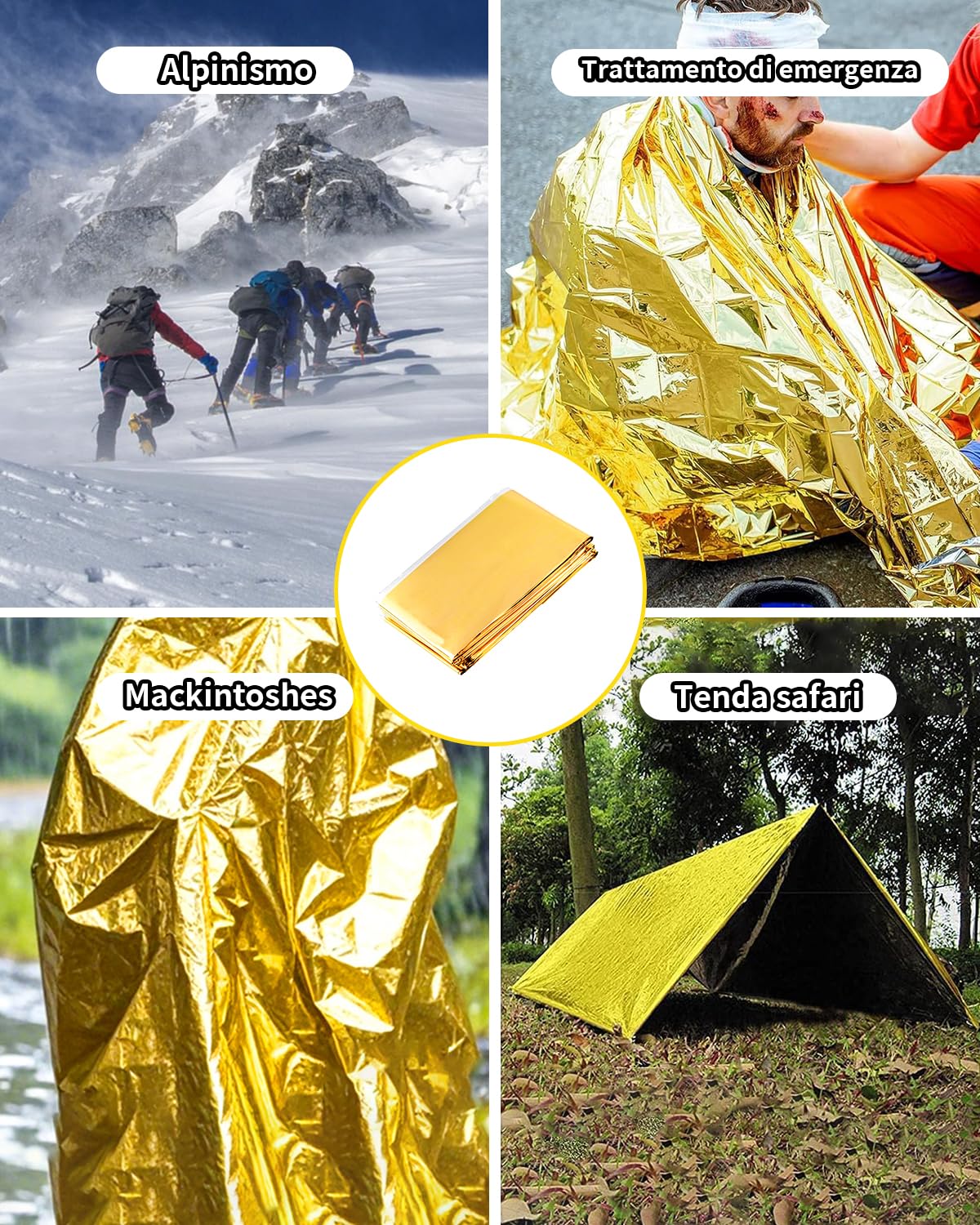 20 Pezzi Coperta Termica Emergenza,Materiale PET Resistente allo Strappo Coperta Termica,Impermeabile Coperta,Riflettente,210 × 160 CM,Oro Argento,Confezionata Singolarmente