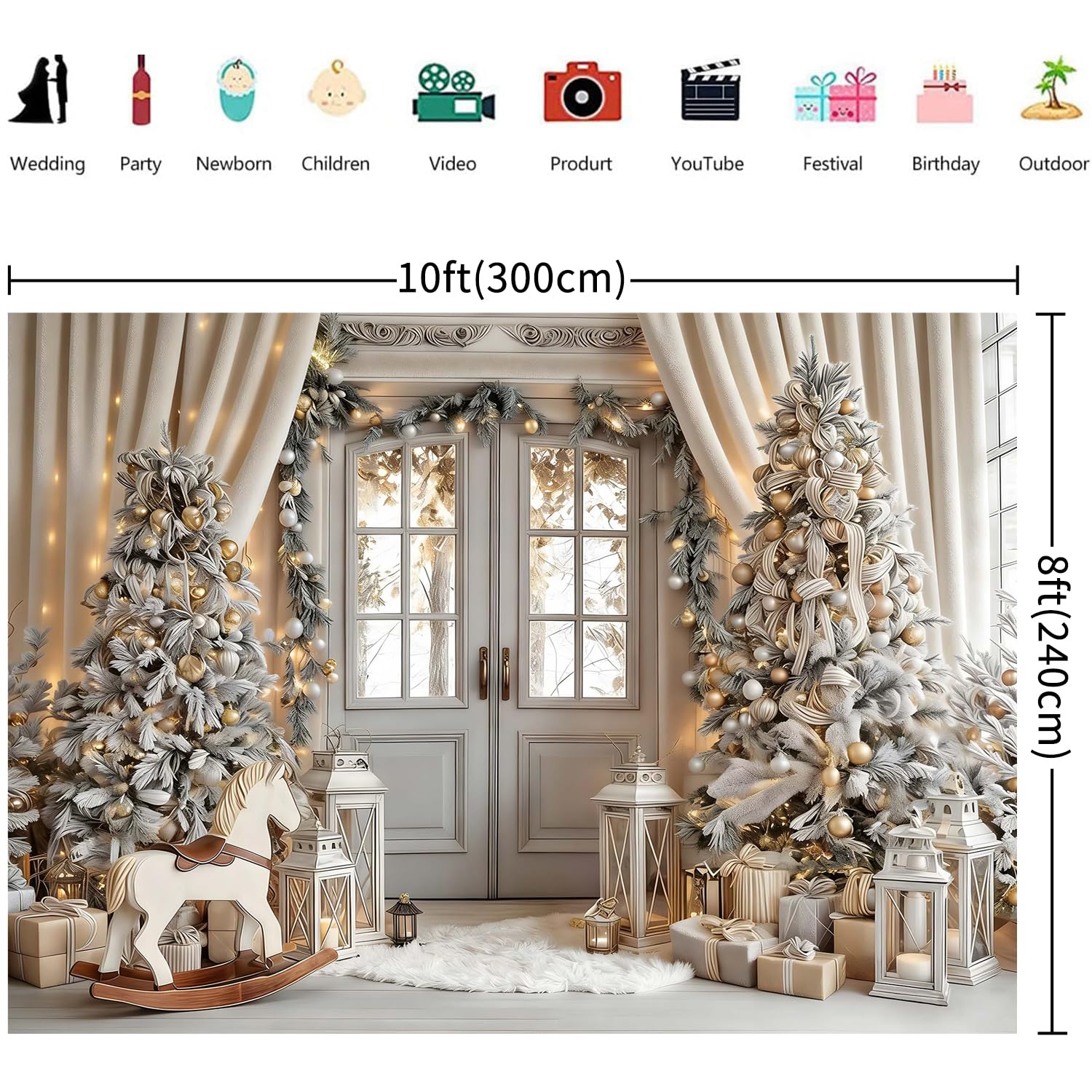 3x2.4m Sfondo Natale Oro bianco alla moda di Natale Camera interna Fotografia di sfondo Famiglia Bambini Inverno Vacanza Capodanno Decorazioni del partito Banner Photo Booth Props