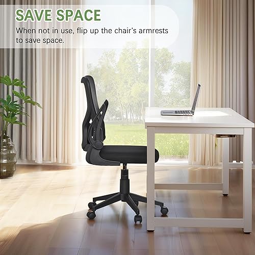 Miniatura 4 de VECELO Silla de oficina ergonómica de malla con respaldo medio con reposabrazos flexibles, soporte lumbar transpirable, ruedas giratorias, altura