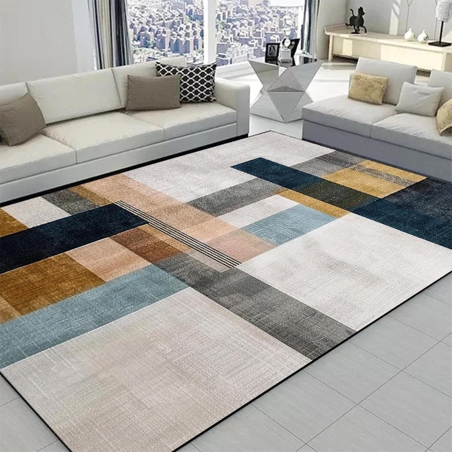 Modern Geometric Carpets for Living Room Light Luxury Colour Rugs for Bedroom Decor Sofa Large Area Soft Lounge Floor Mat(60x90cm Door mat/DT-4156 Flannel-5)