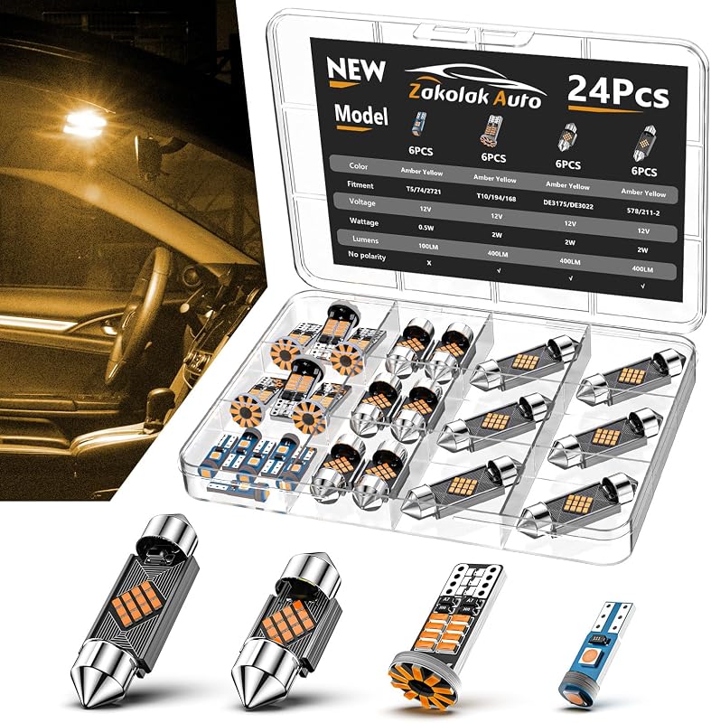 Kit de lâmpadas LED internas automotivas Zakolak 24 peças, âmbar amarelo – T10/194, T5/74, 578/211-2 e DE3175
