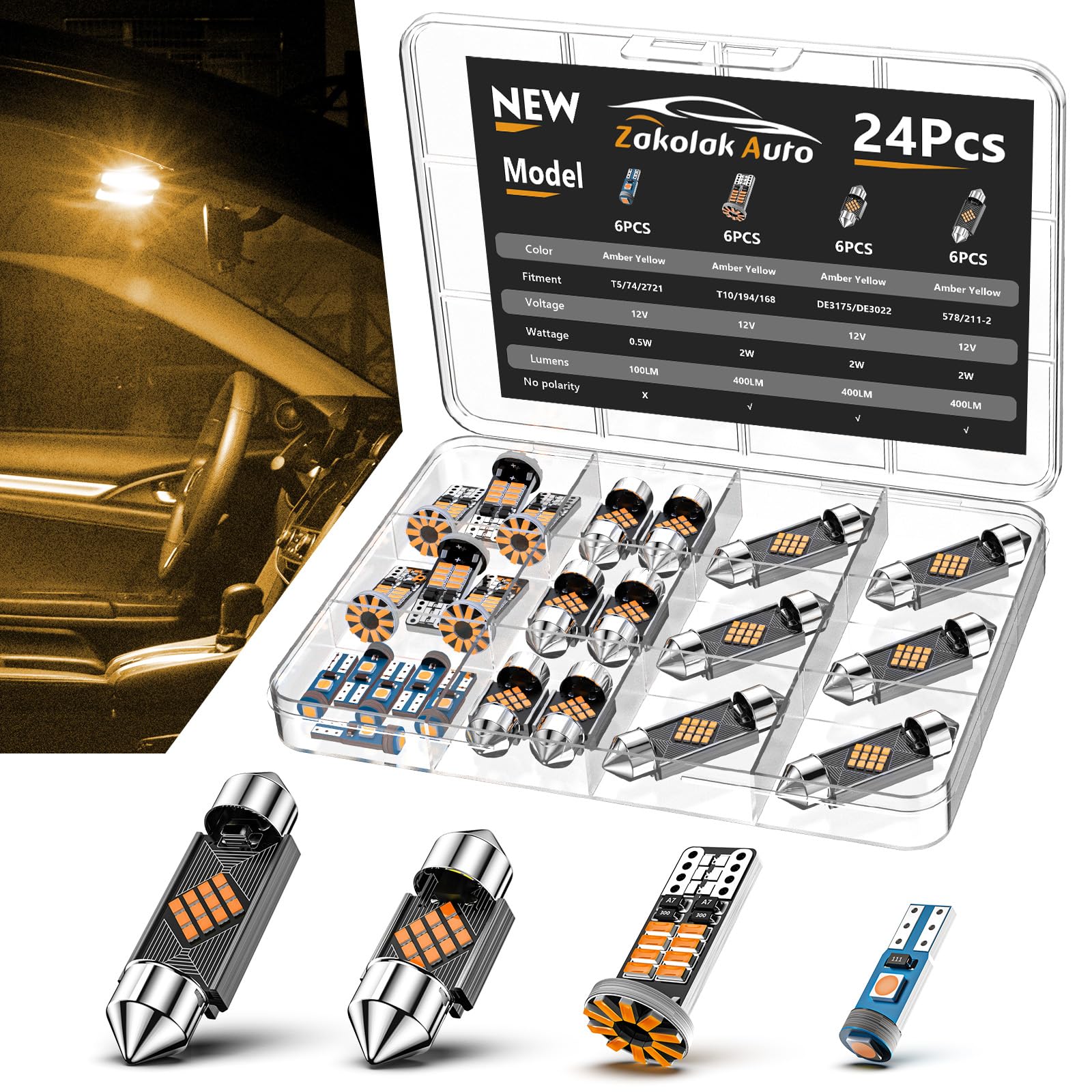 Zakolak 24PCS LED Interior Car Lights, Extremely Bright LED Bulb Kit, Applicable to Dome Map Door Lights and Other Parts Replacement for Your Cars, to Help You See Inside The Car at Night（Yellow）