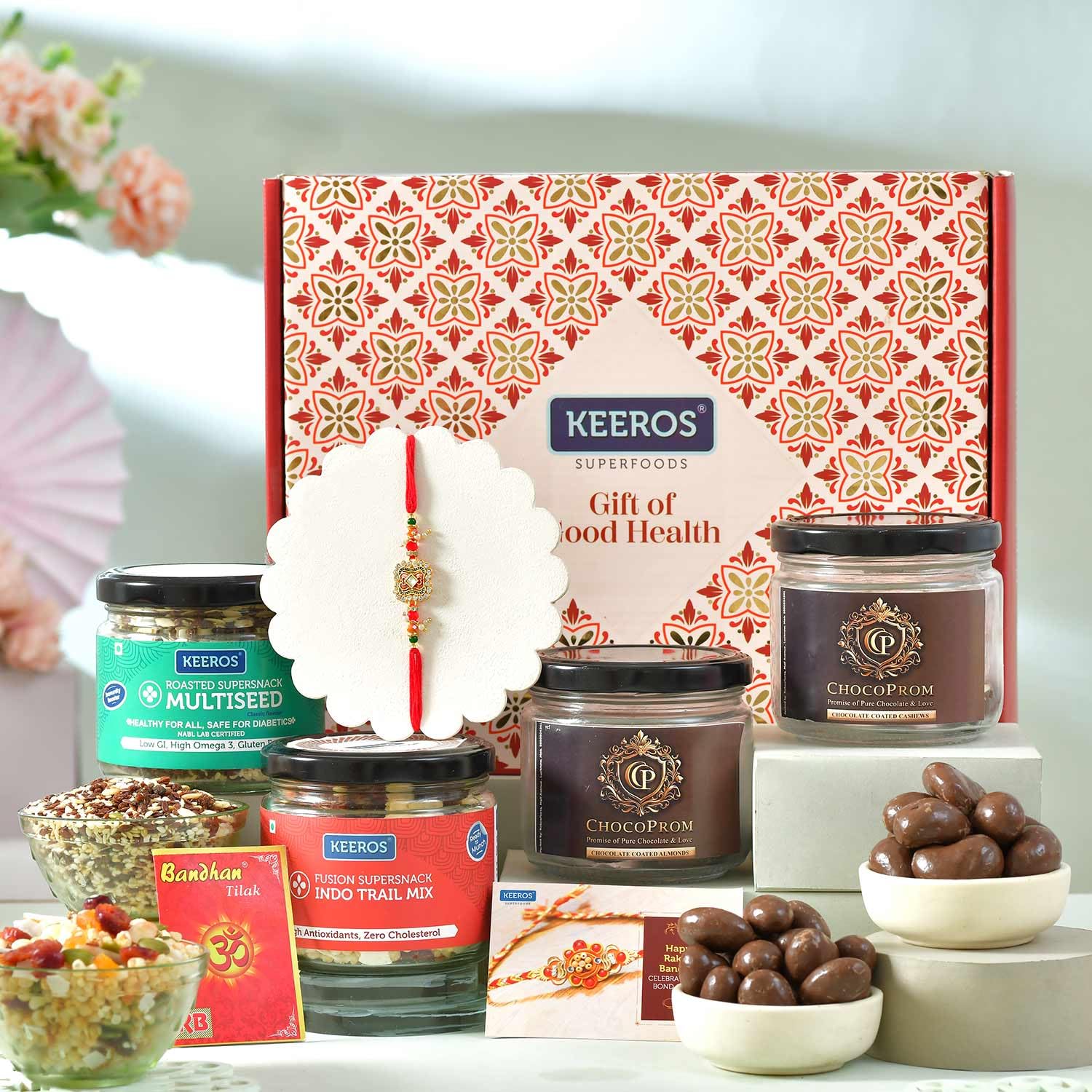 Keeros Healthy Sweet Gift Hamper for Bhai Dooj with Roli Moli Chandan Tikka Chawal Mishri | Enjoy a variety of Chocolate Coated Almond, Cashew & Tasty & Nutritious Super Snacks in Beautiful Glass Jars Packed in Premium Gift Hamper |-image-19
