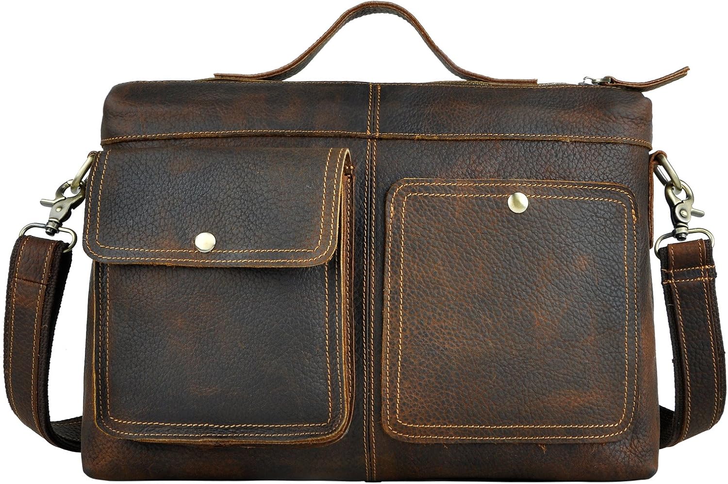 Le'aokuu Mens Genuine Leather Cowhide Briefcase Attache Messenger 15.6“ Laptop Bags (W 8069 Dark Brown)