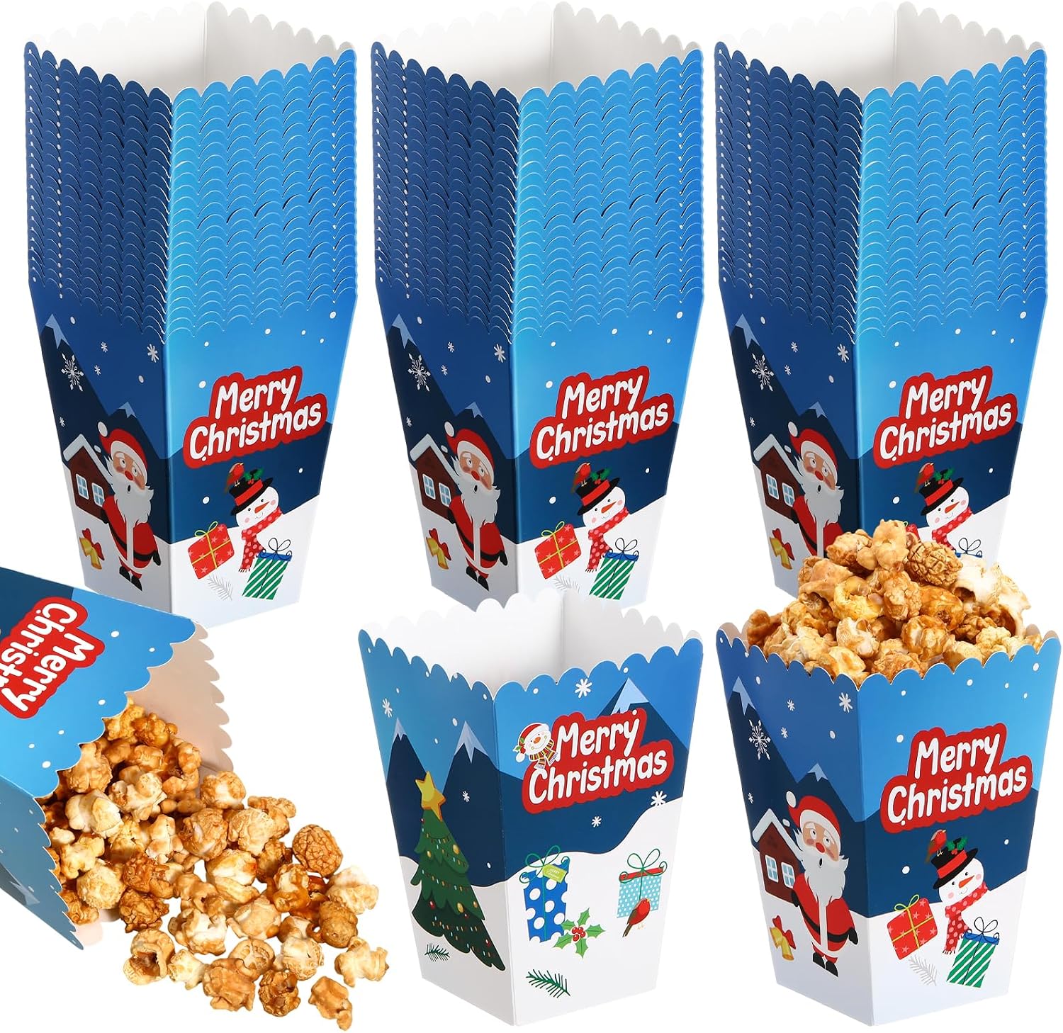 Baderke 48 Pcs Christmas Popcorn Boxes Xmas, 4 Designs, Reindeer Style | Snowman, Santa, Snowflake Paper Popcorn for Movie Night, Mini Treating Box for Candy, Cookie, Christmas Party Decorations