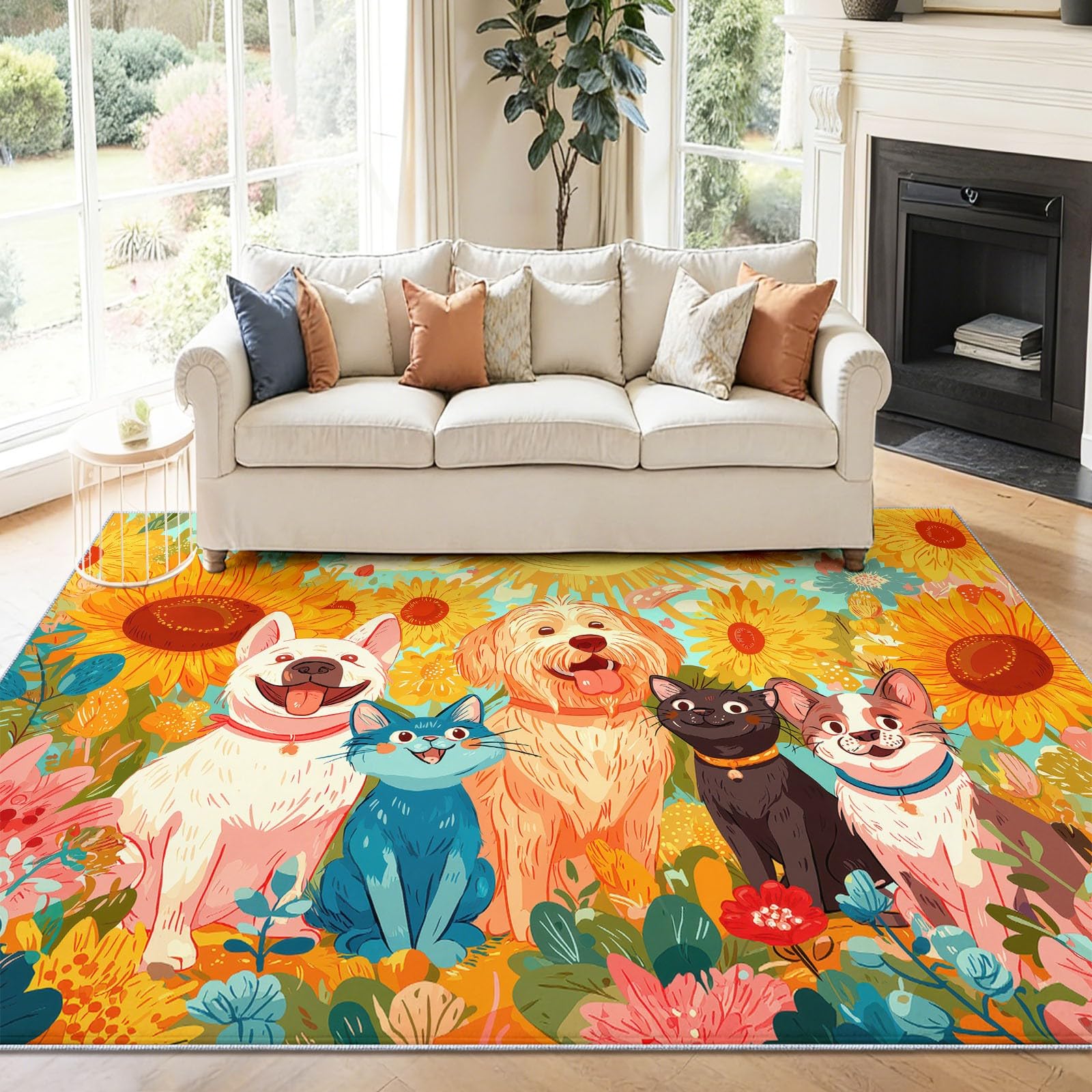 Dywan nadający się do prania, 160 x 230 cm, dekoracja dla dzieci z kwiatami dla psów i kotów, krótkie włosie, antypoślizgowy, z nadrukiem wielokolorowym, do salonu, sypialni, jadalni, biura, pokoju