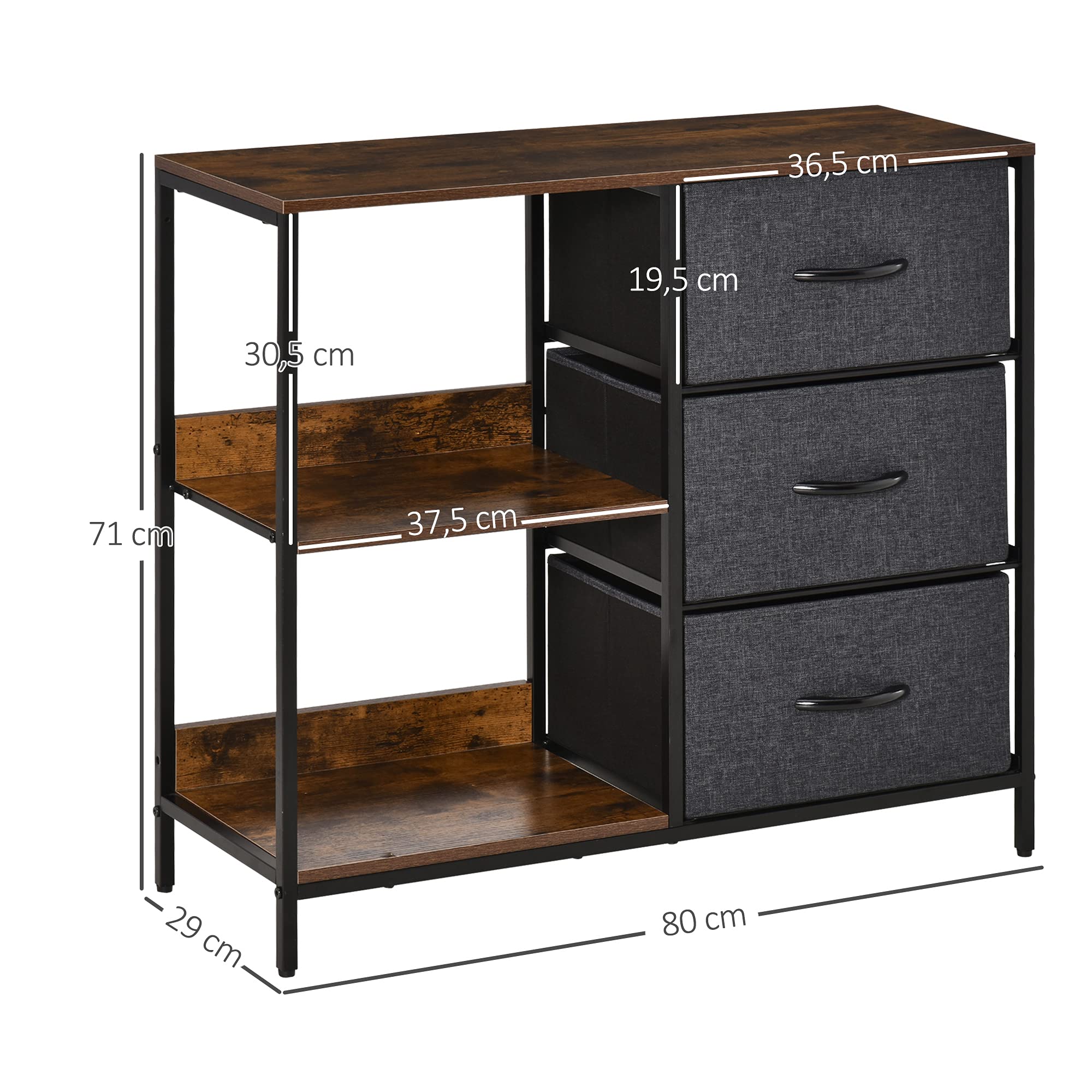 HOMCOM Cajonera de Tela Estrecha, Cómoda de Tela con 3 Cajones Plegables, 2 Estantes Abiertos y Amplia Encimera, Cómoda para Dormitorio, Salón y Pasillo, Marrón Rústico y Gris Oscuro