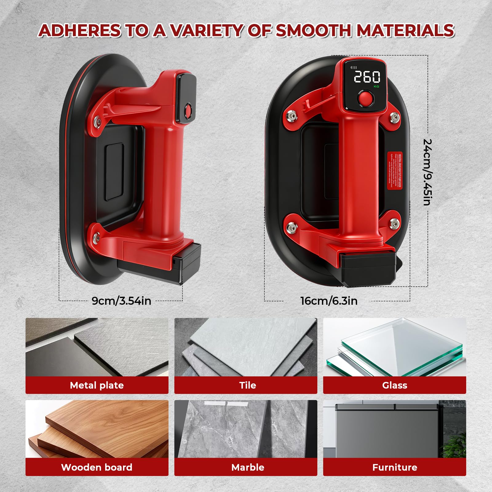 Ventosa a batteria, 260 kg, sollevatore a vuoto da 24 cm, con 2 x 3000 mAh batterie, con display LCD, ventosa per vetro per sollevare piastrelle, granito, specchi, lastre (EU)