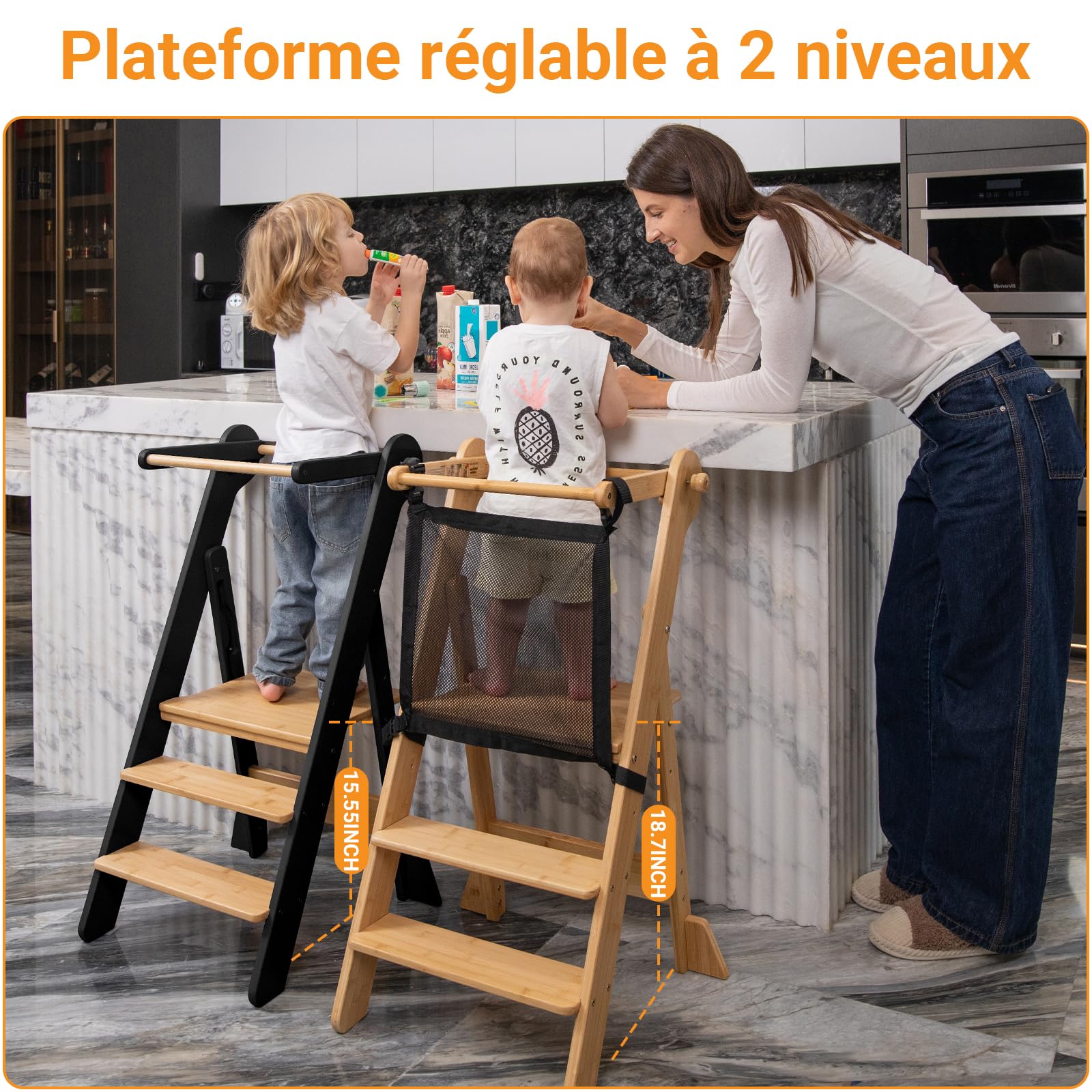 COSYLAND Tour D'observation Enfant Pliable Montessori 2 Hauteurs Réglables, Tour d'apprentissage Sécurisée avec Angles Anti-Bascule Chaise pour Enfants de 18 Mois À 6 Ans - Classic Black & Natural