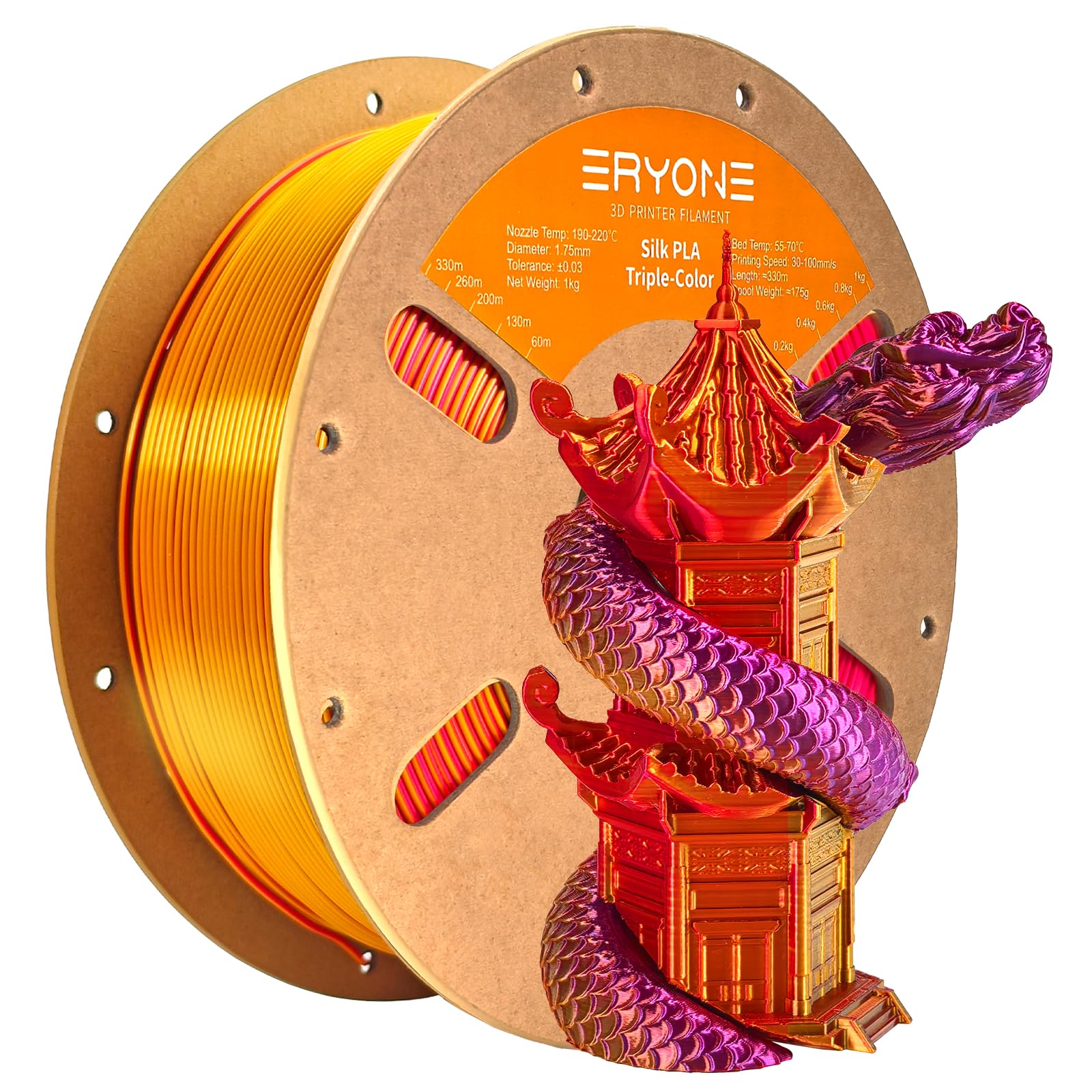 ERYONE Dreifarbiges Seiden PLA Filament 1.75mm,Seidiges Mehrfarbiges PLA-Filament für 3D-Drucker +/- 0,03 mm,Co-Extrusion Seiden PLA Filament 1 kg/Spule, Rot &Gold &Lila