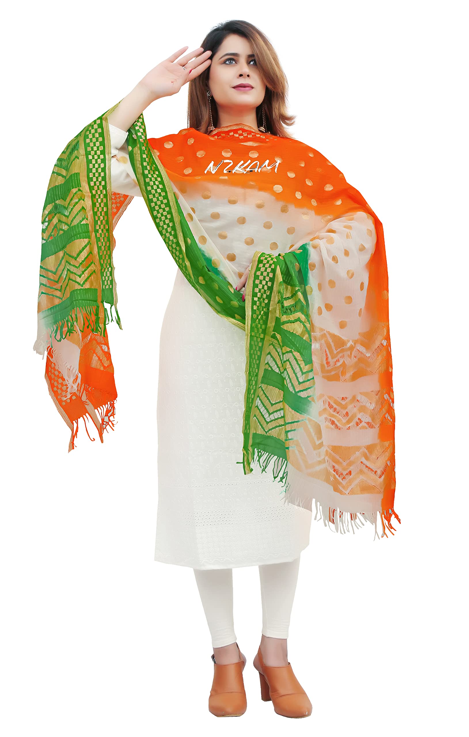 nzkam Women's & Girl's Art Silk Net Ethnic Tiranga Dupatta/Chunni With Gold Zari Work (Free Size)-picture-56