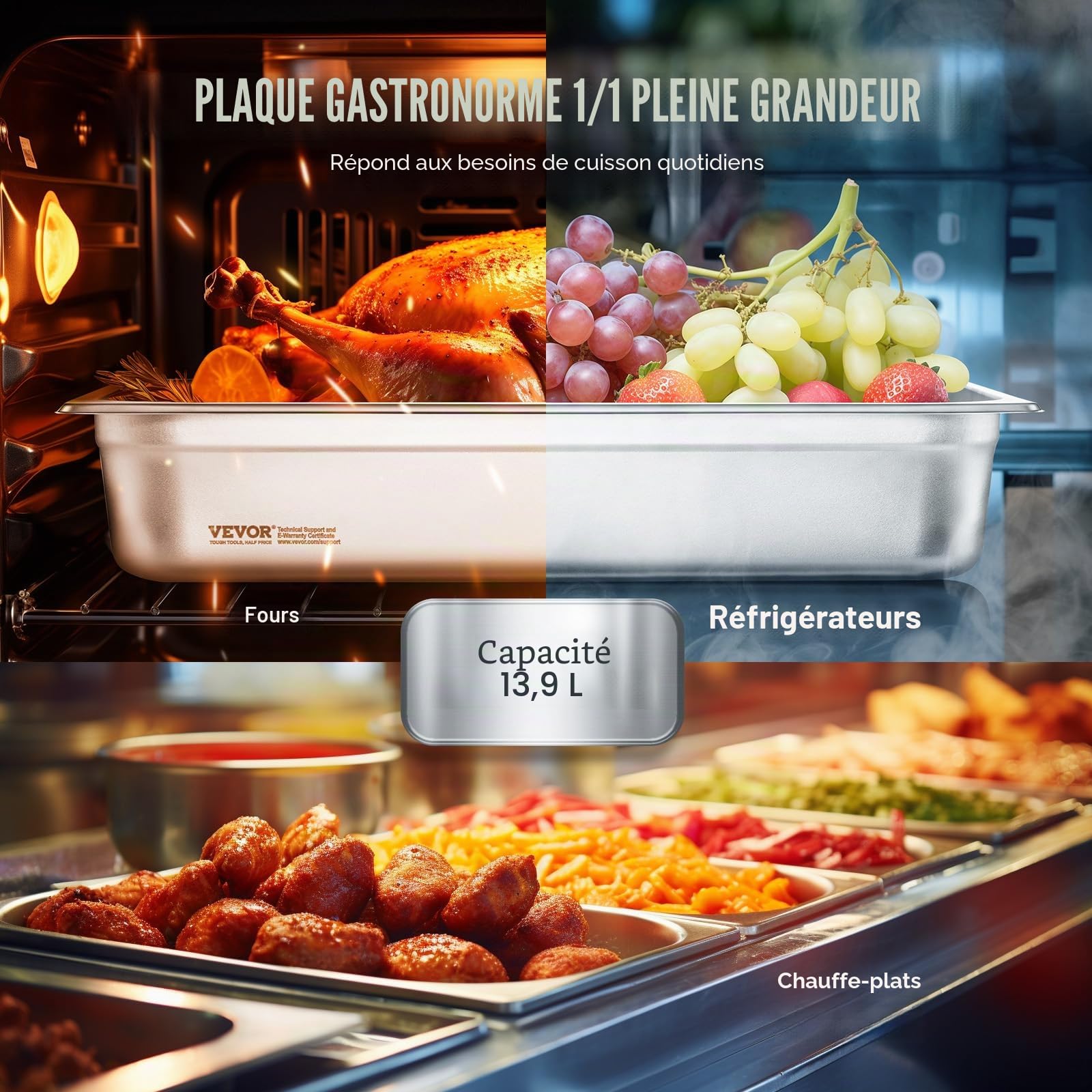 VEVOR Bac Gastronorme GN 1/1 Lot de 4, Récipient Inox pour Bain-marie 0,8 mm d'Épaisseur, Bac Inox Alimentaire avec Couvercle 10,7 cm de Profondeur, pour Chauffe-plats, Stockage, Restauration