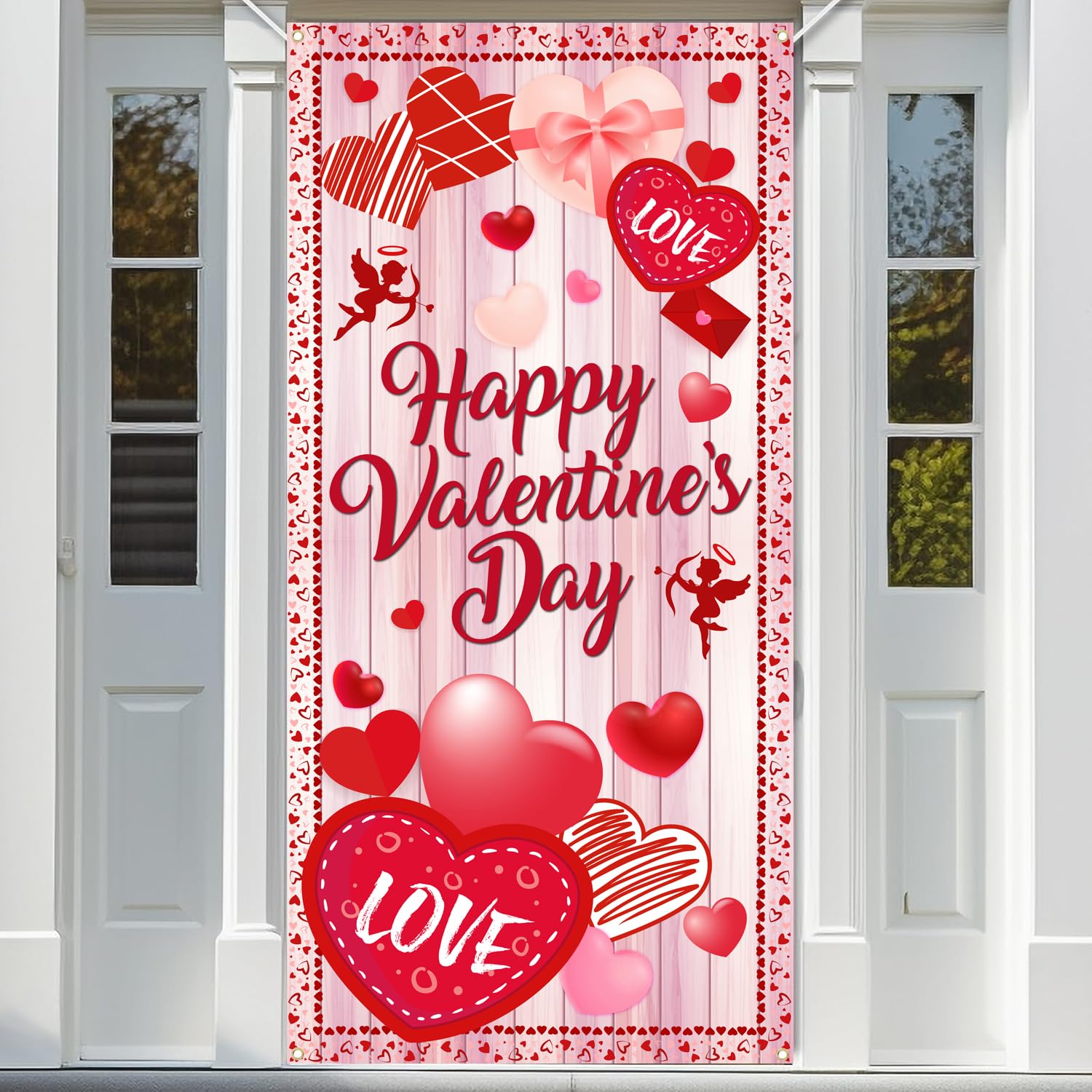 Happy Valentine's Door Banner Porch Sign, Pink Romantic Heart Love Door Cover Banner, Valentine's Day Indoor Outdoor Decorations, Valentines Banner