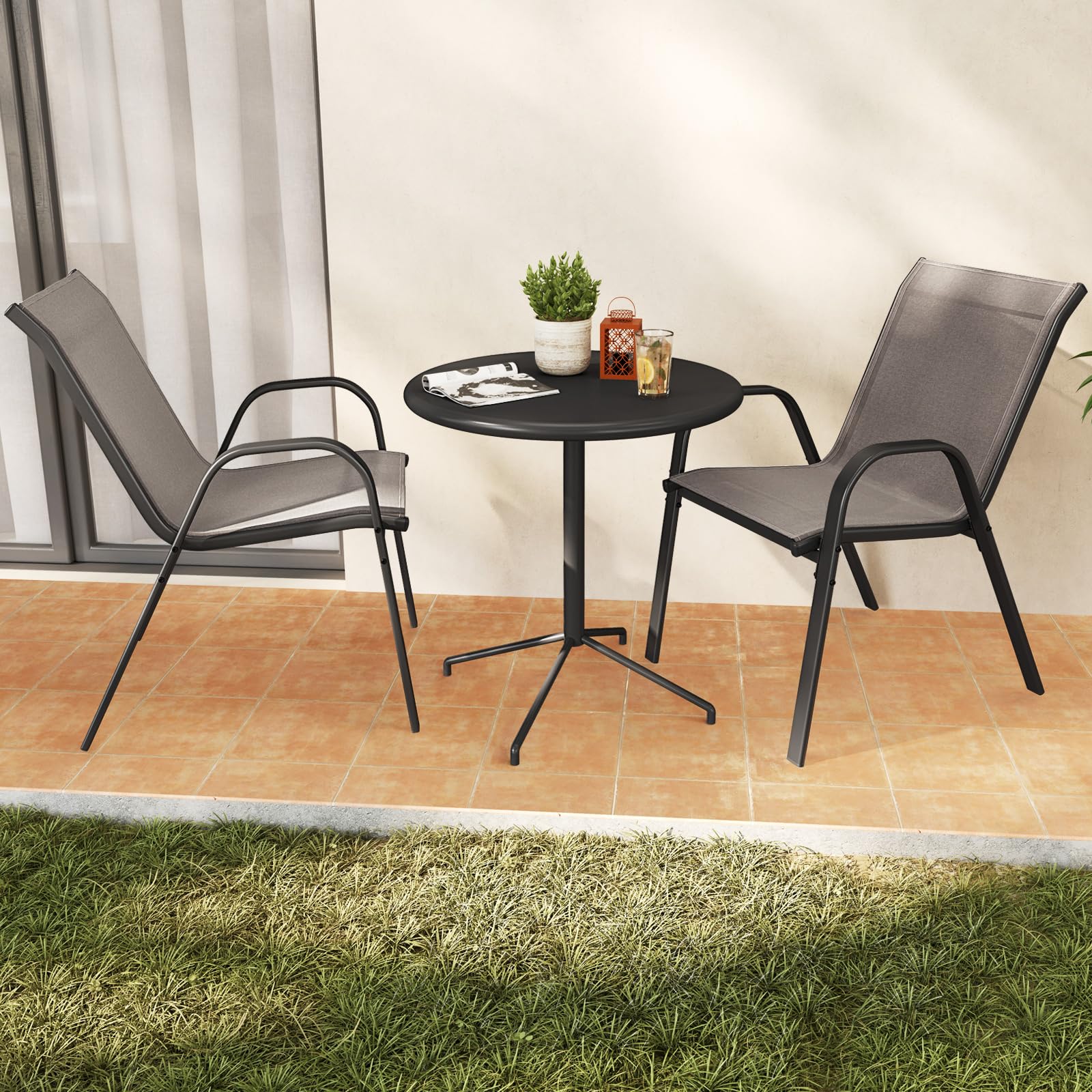 GIANTEX Gartenstühle Stapelbar 4er Set, Stapelstühle aus Textilene & Metall, Gartenstuhl Hochlehner mit Armlehnen, Balkonstuhl Gartensessel 150 kg belastbar, Terrassenstühle Outdoor Stuhl 56x70x84 cm