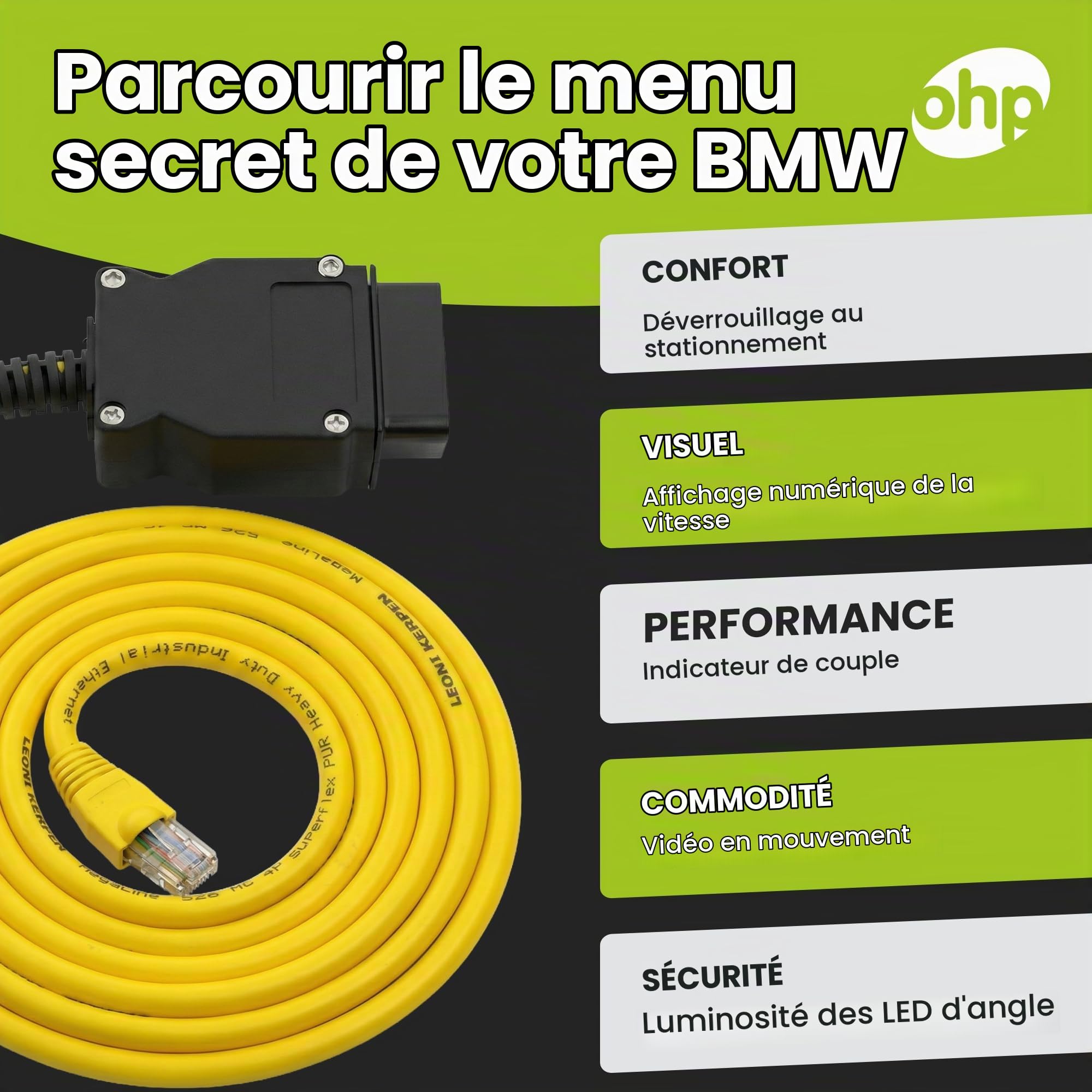 OHP ENET Bimmercode OBD2 Cable for BMW F- Series Coding | E SYS ISTA+ ICOM Bootmod3 Bimmerlink OBD | Heavy Duty Cable
