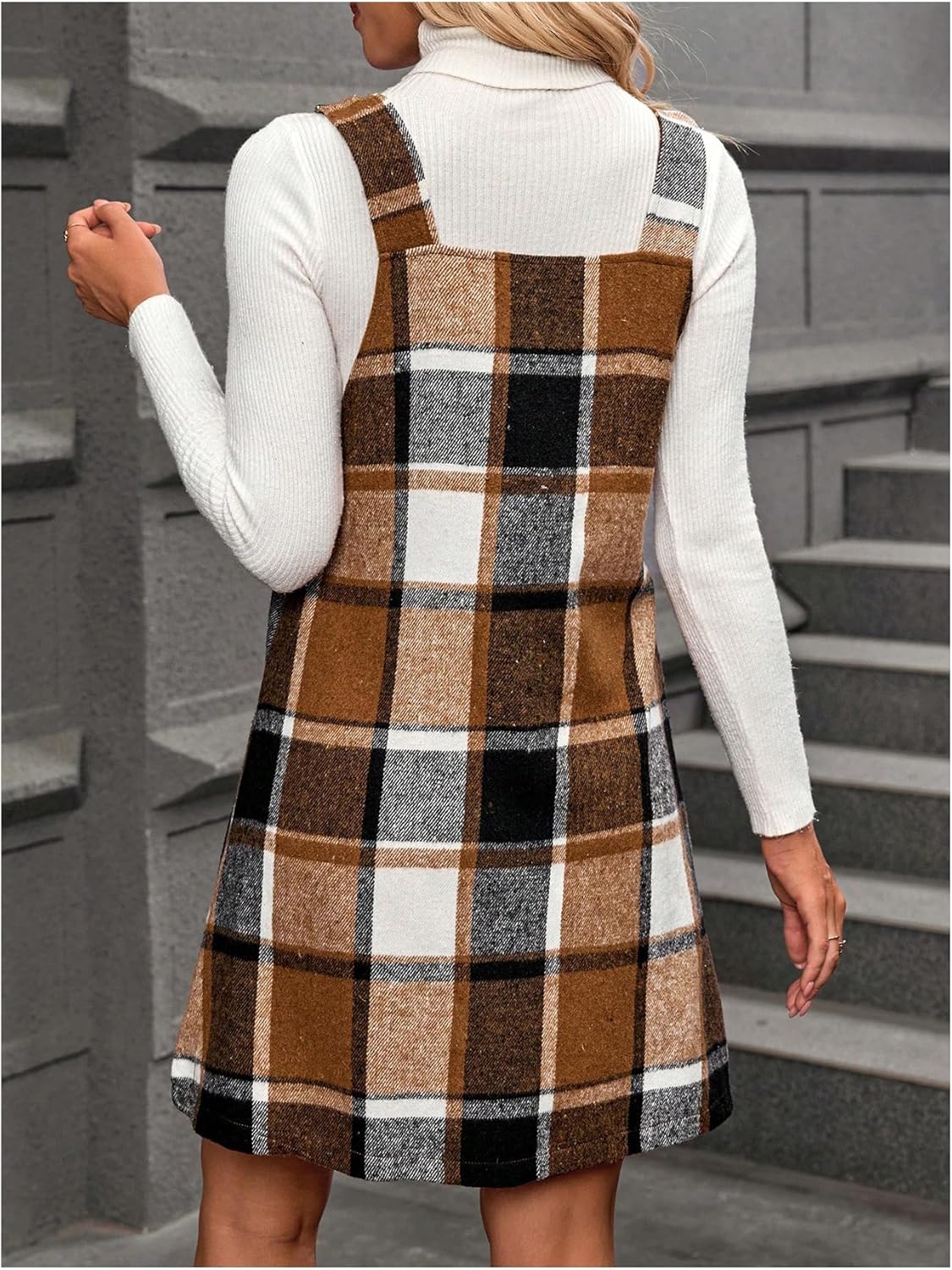 Milumia Women's Overall Dress Plaid Zip Front Sleeveless Jumper Dresses - Image 2