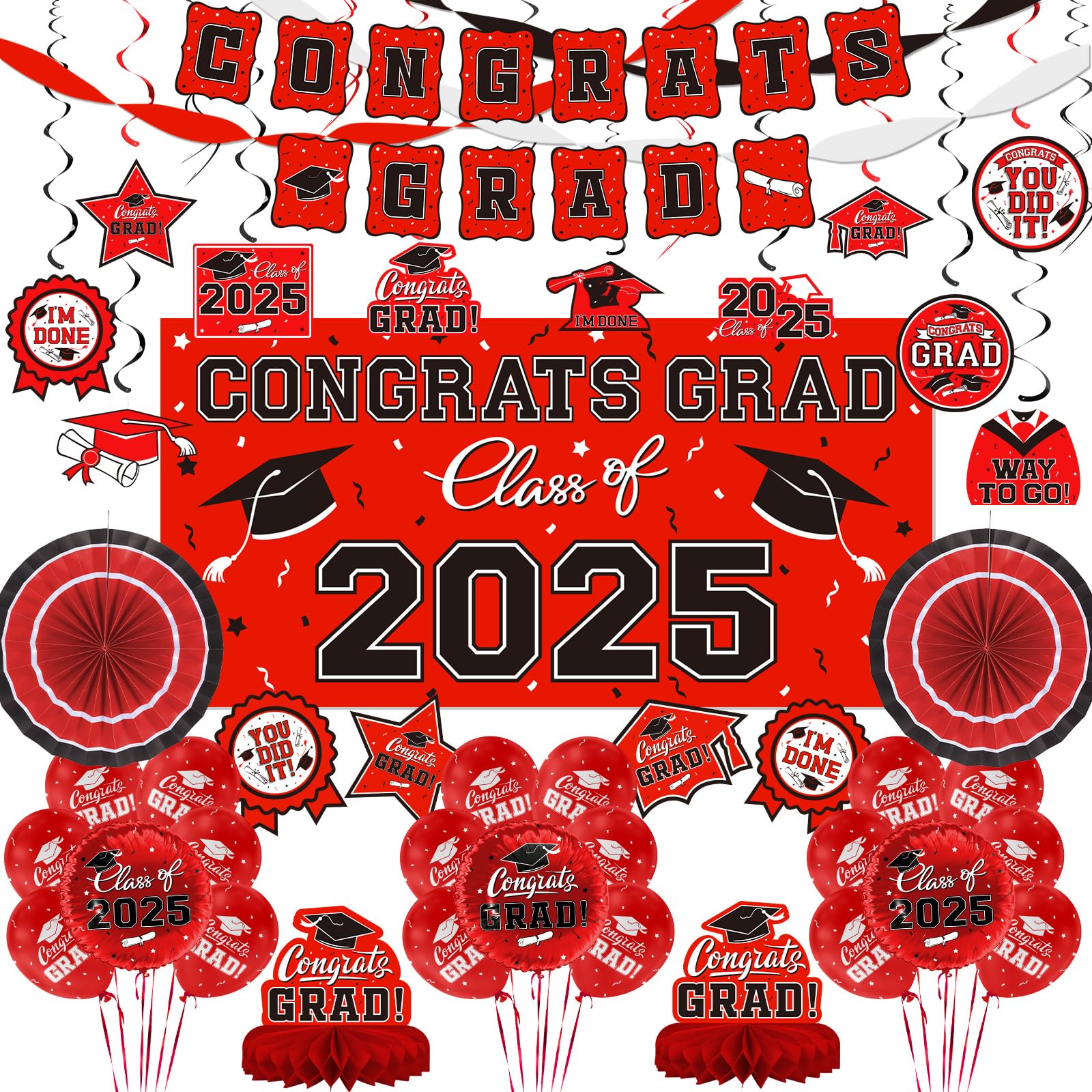 Gatherfun Red Themed 2024 Graduation Decorations Set - Congrats Grad Banner, Class of 2024 Backdrop, Balloons & Streamers Kit - Complete Party Supplies for High School & College Celebrations