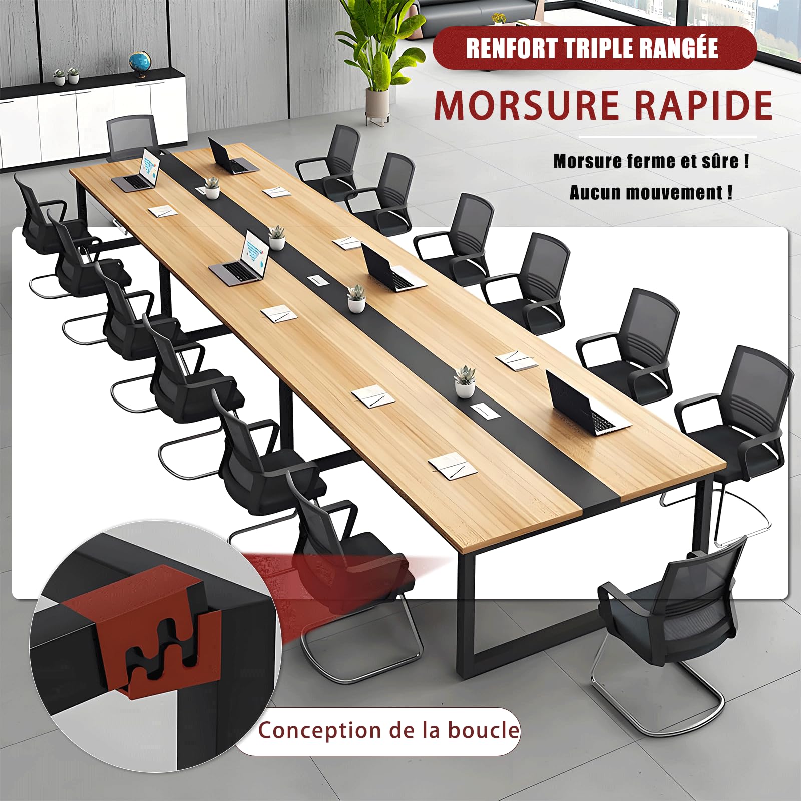 Grande Table de réunion – Bureau conférence pour 6 à 12 Personnes – Design Bois élégant – Installation Simple – Idéale pour Bureau, coworking, séminaires, écoles – (Chaises Non incluses)