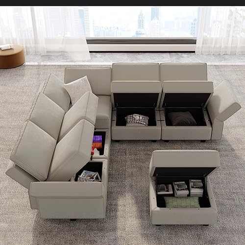 Miniatura 109 de Belffin - Sofá cama modular con otomanas, de terciopelo, reversible y con asiento con almacenamiento, color verde, forma de L-1 Negro