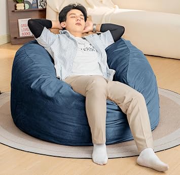 Velvet Fabric Bean Bag Chairs, 4Ft Giant Memory Foam Bean Bag for Adults & Teens, Bean Bag Chair with Filler Included, Lazy Lounger for Living Room, Bedroom, College Dorm Dark Blue