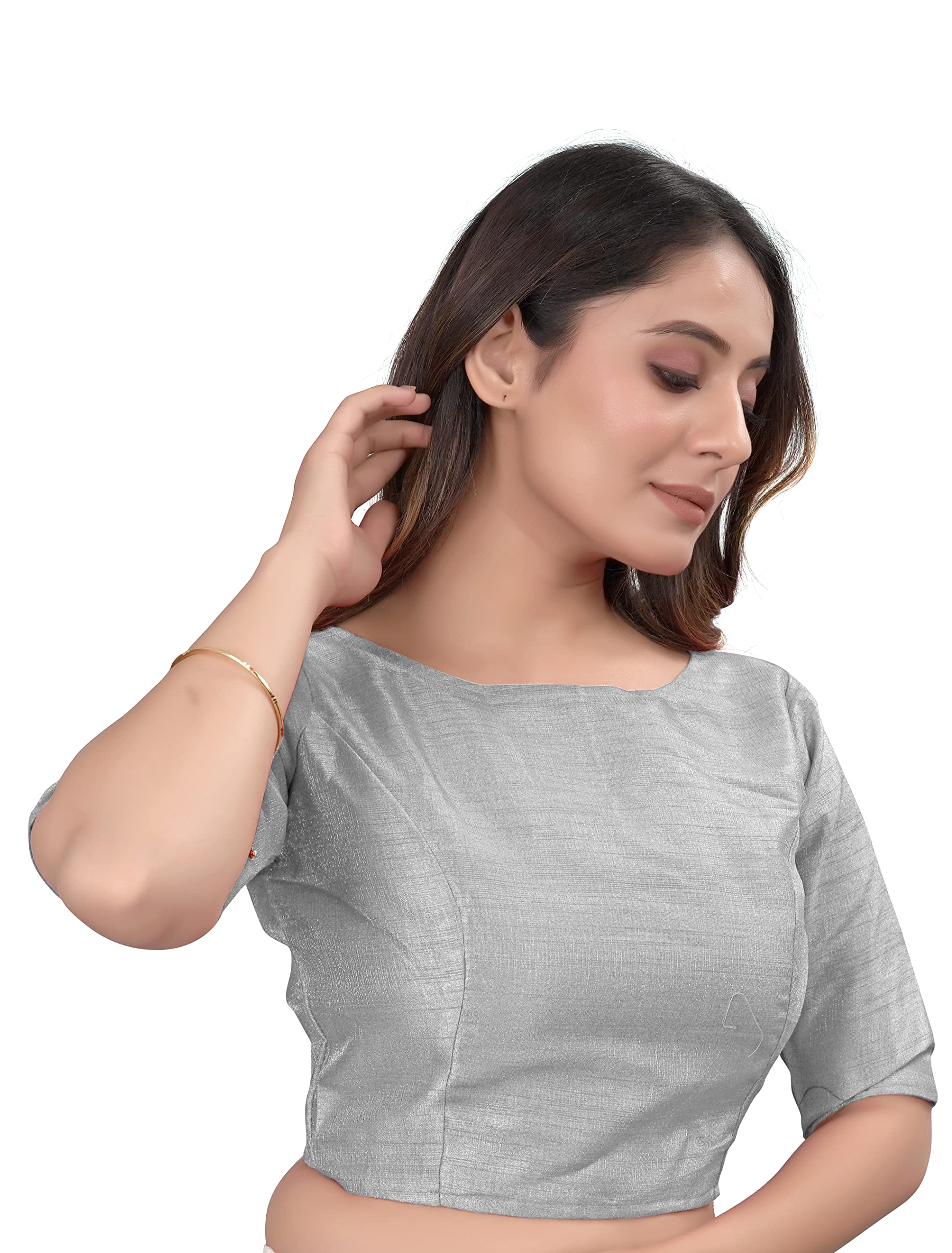 Pujia Mills Women's Slub Silk Boat Neck With Elbow Length Sleeve Plain Fancy Blouse(Slub Silver_L)