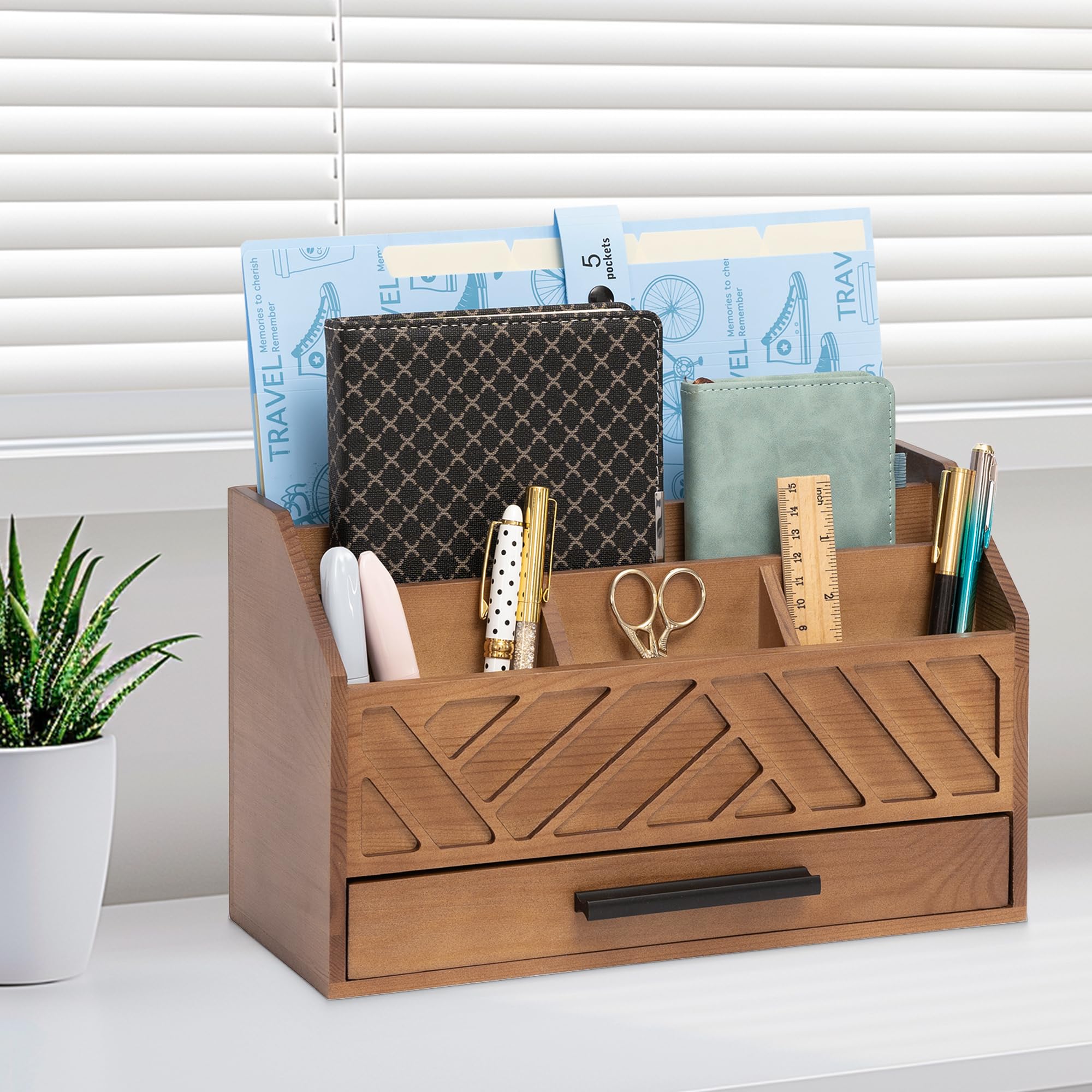 dreampossible Organizer da scrivania in legno marrone e accessori con cassetto, organizer per banconote e porta posta per ufficio, accessori da scrivania moderni e organizer per spazi di lavoro per