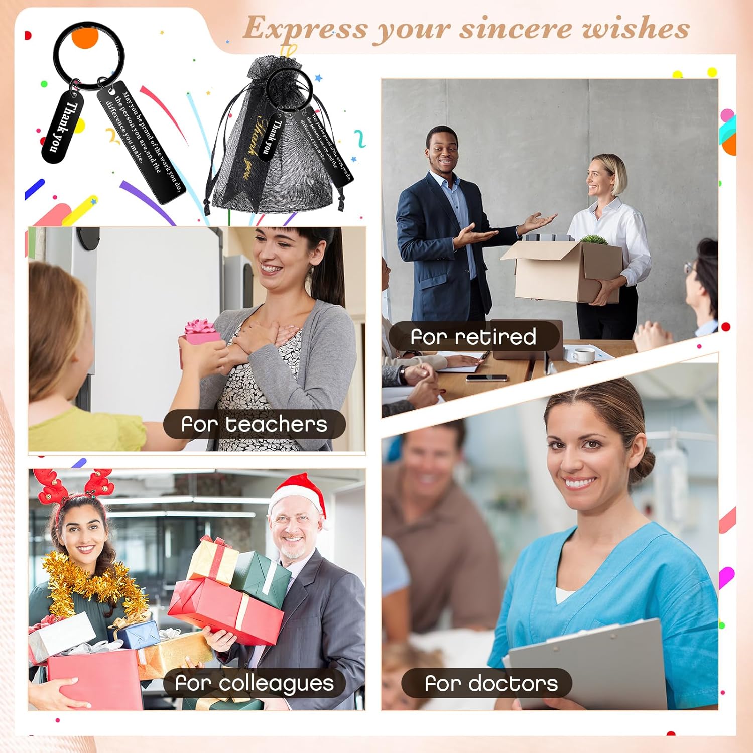 Yinkin 150 Pcs Thank You Gifts Bulk Employee Appreciation Keychains for Coworker Teacher Volunteer, with Organza Bags - Image 6