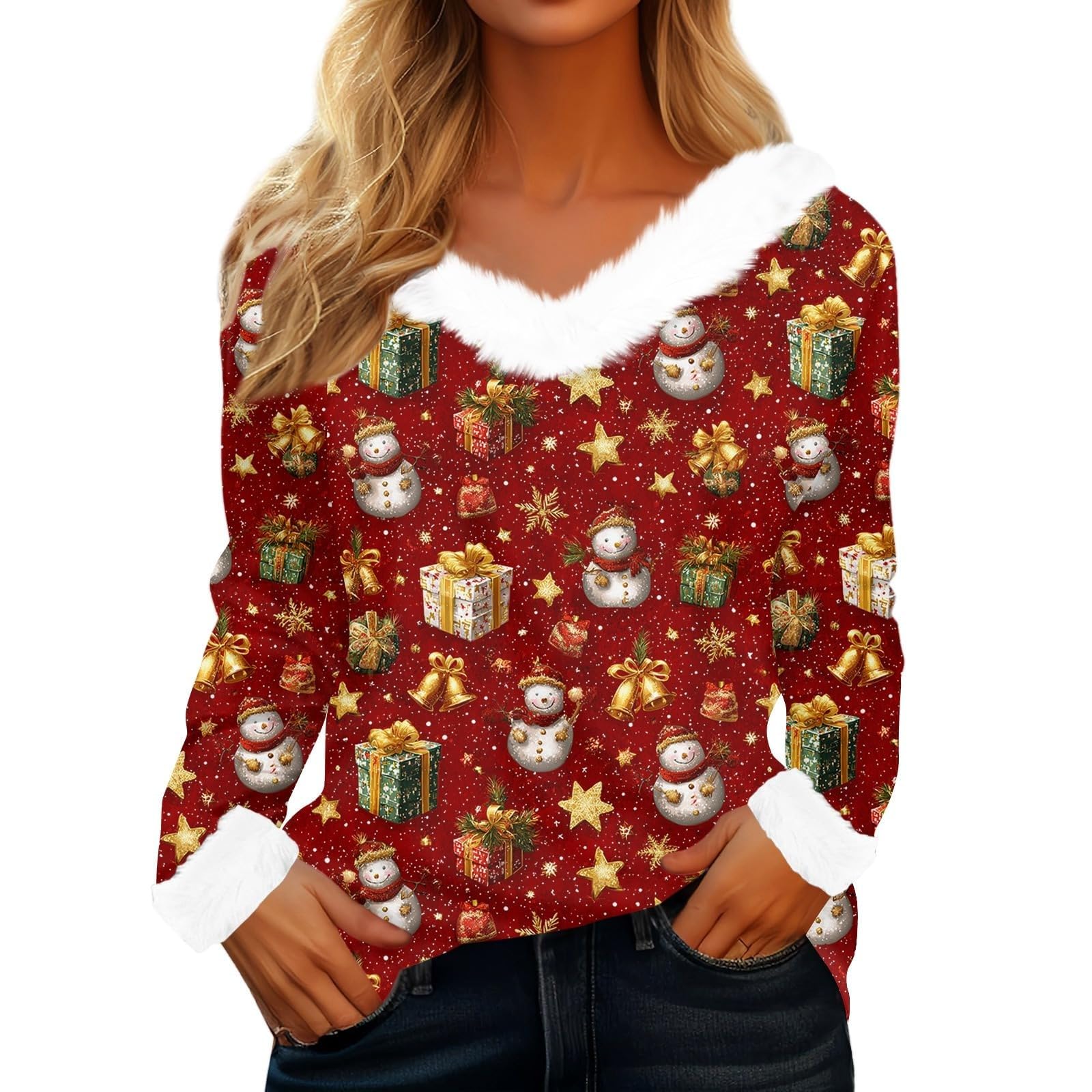 Womens Christmas Top V Neck Faux Fur Trim Long Sleeve Festive Shirt