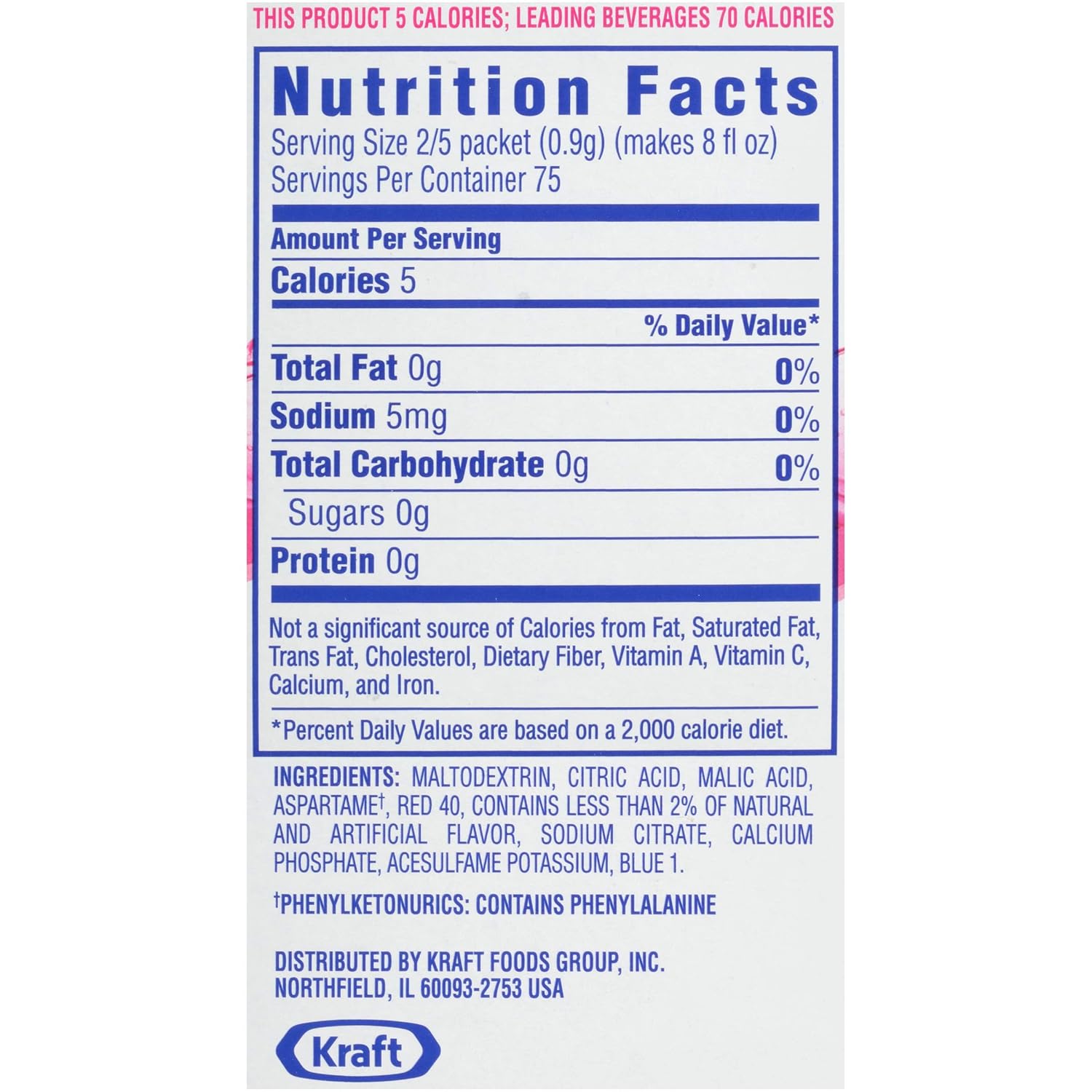 Crystal Light On the Go Rasberry Ice 120 units per case 0.6 oz Nutrition Info