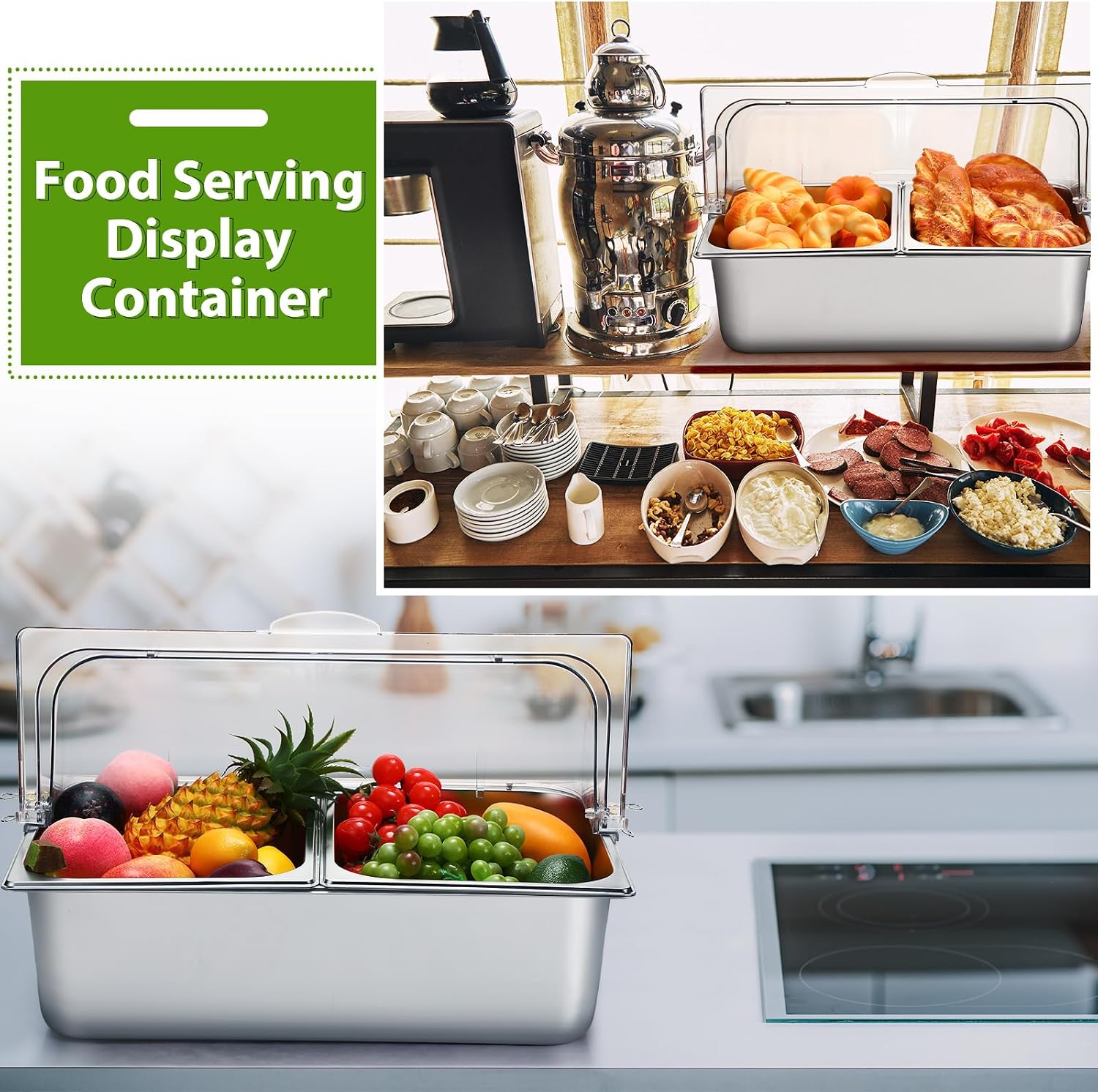 Countertop Food Serving Display Container and Clear Roll Top Cover Stainless Steel Food Serving Tray Buffet Condiment Dispenser Display Rack for Restaurant Hotel Kitchen Party (2 Pan)