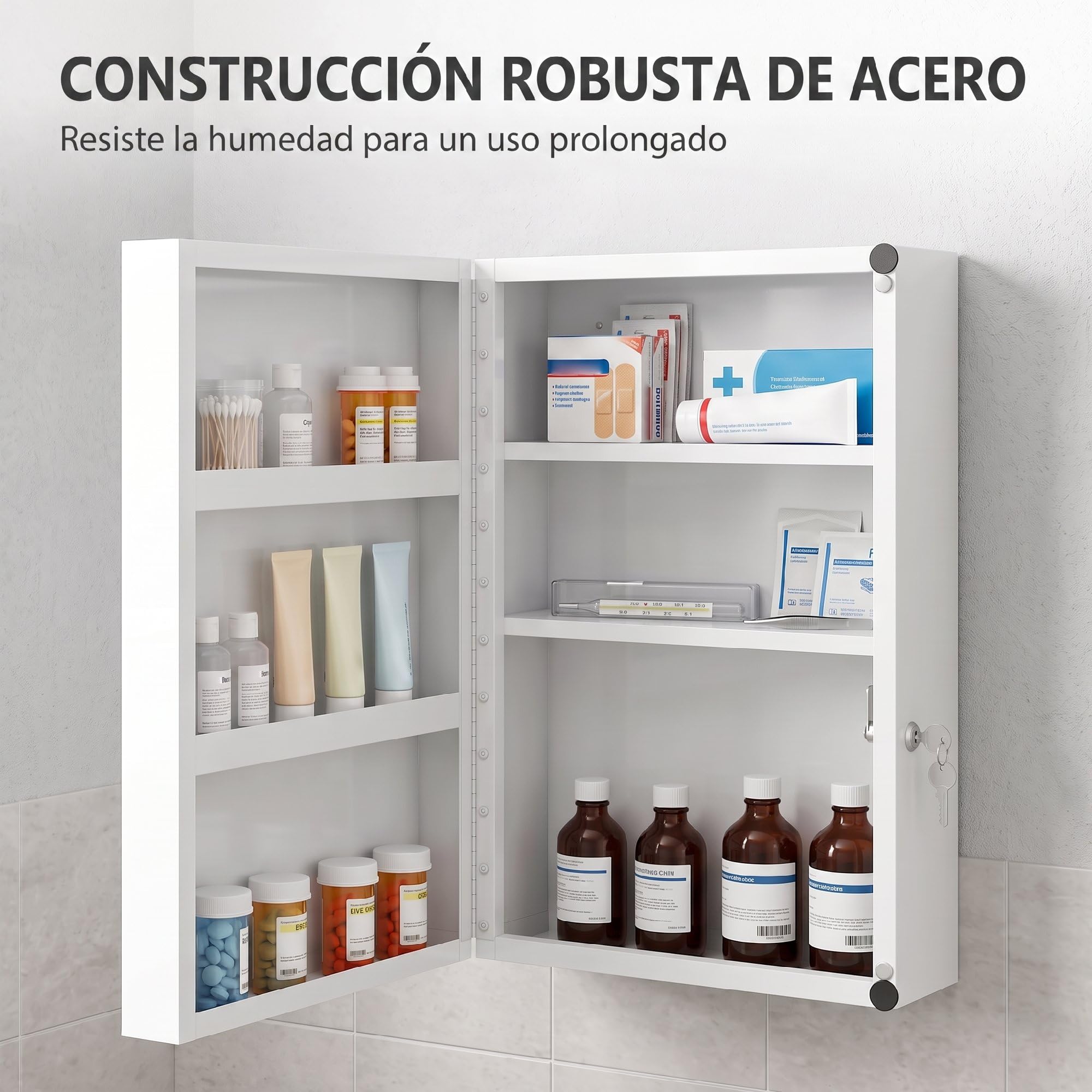 HOMCOM Botiquín de Pared de Primeros Auxilios 2 Llaves 40x18x60 cm Blanco