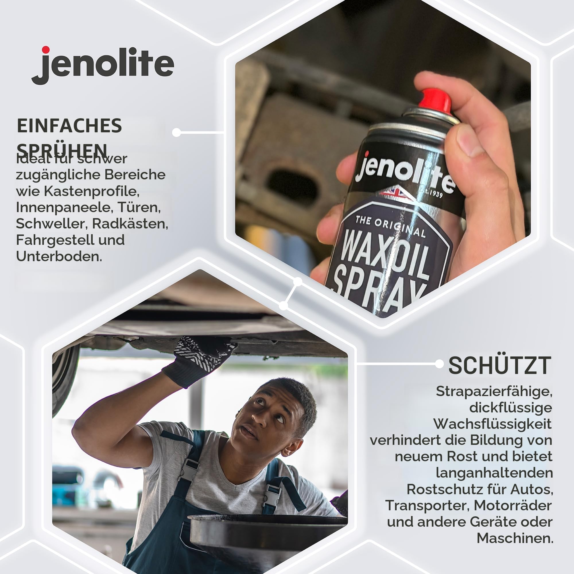 JENOLITE Wachsöl | Unterbodenschutz Spray | KLAR | 3x500ml | Rostschutz für Unterböden von Autos, Transportern und Motorrädern | Hohlraumversiegelung Wachs für Auto Fahrgestell & Unterboden