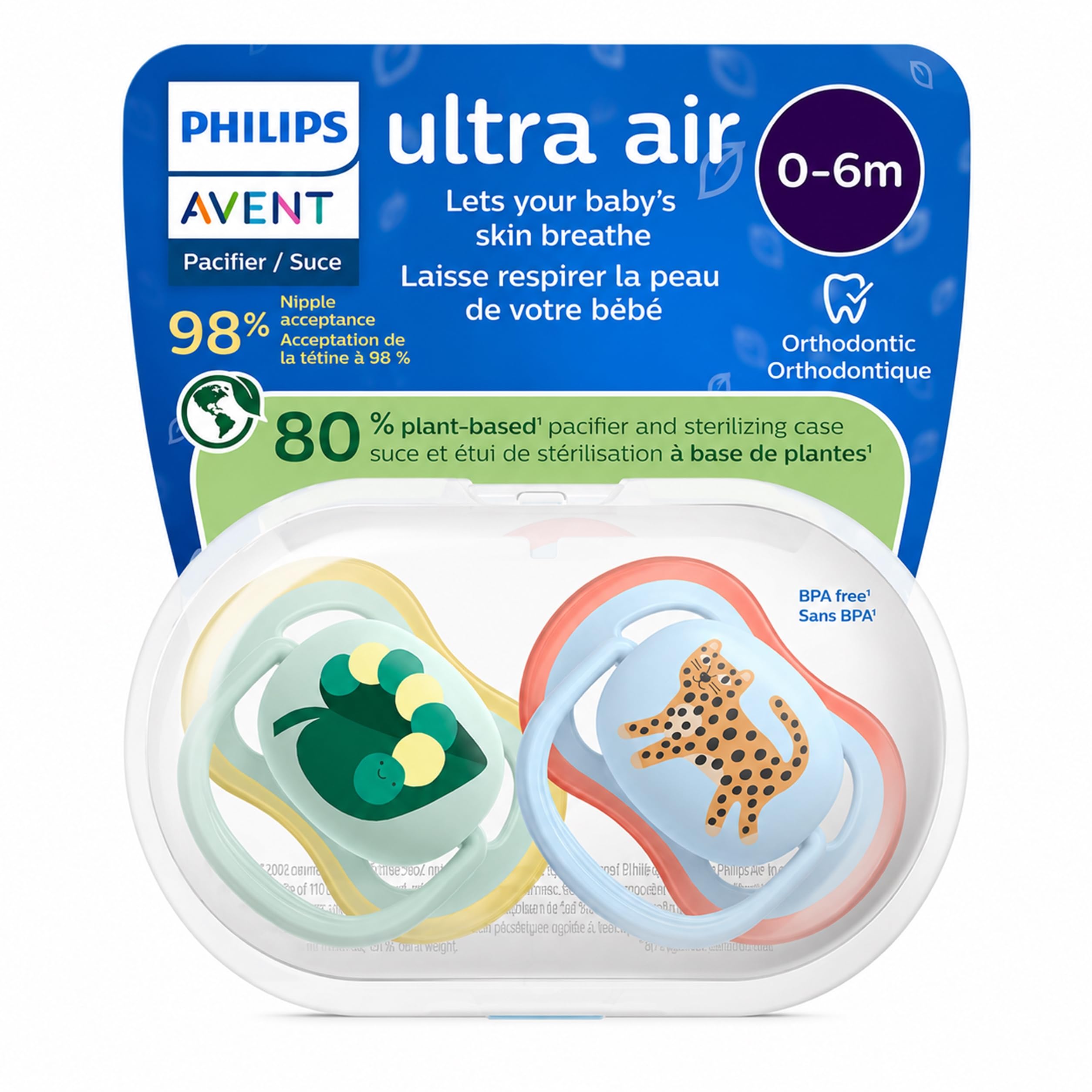 Philips Avent Ultra Air Baby Pacifier |BPA-Free | Food-Grade Silicone Nipple |Extra-Large Airholes | Narrow-Neck Design |Sterilizing Case | 80% Plant-Based | 0-6 Months | SCF087/02