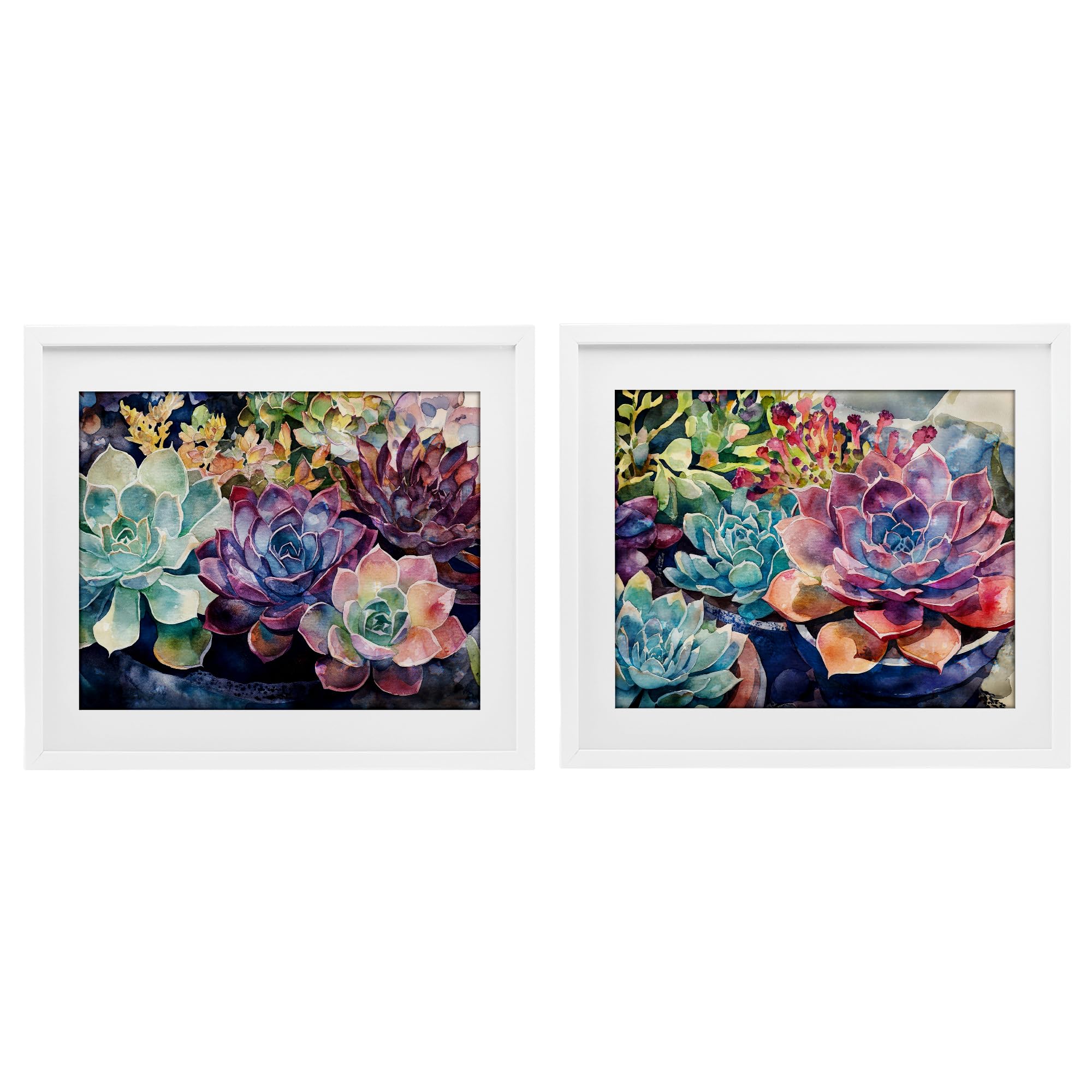 Sunny Watercolor Succulents, 17 x 21 Inch Framed Print Under Glass Set