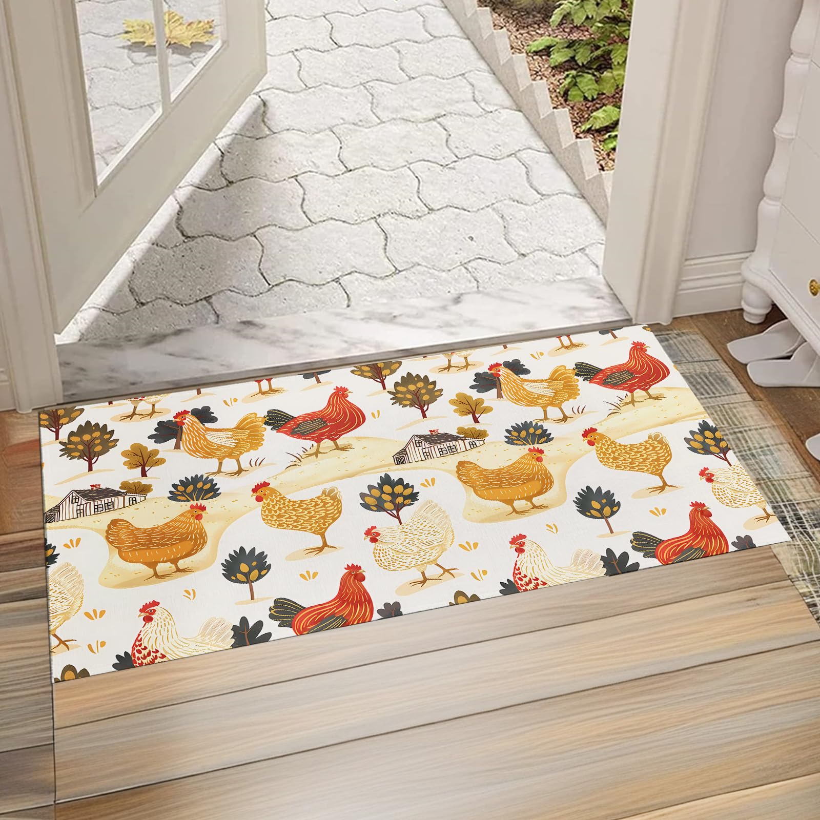 Chicken Front Door Mat Outside Entrance, Indoor Door Mat, 17x29.5 in,Non-Woven Fabrics Non Slip Floor Doormat, Welcome Mats Entryway Rug Doormats for