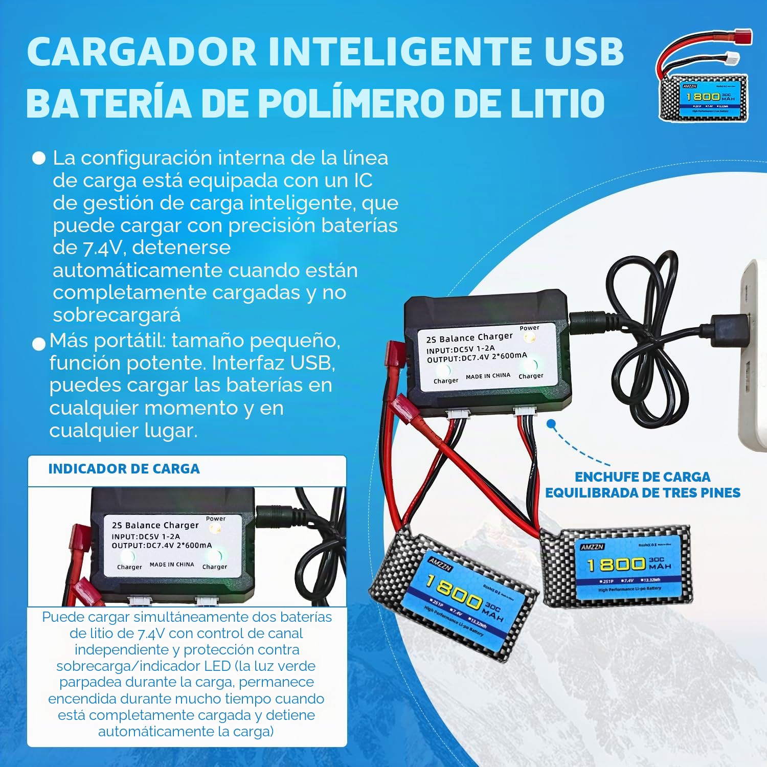 Batería LiPo T 7,4V 2S 1800mAh 30C con cargador 2 en 1 para WLTYOS K929-B A959-B 12401 9200 9200E 300E YC200 HM123 1/10, 1/12 1/16 Coche RC y láser. Coche